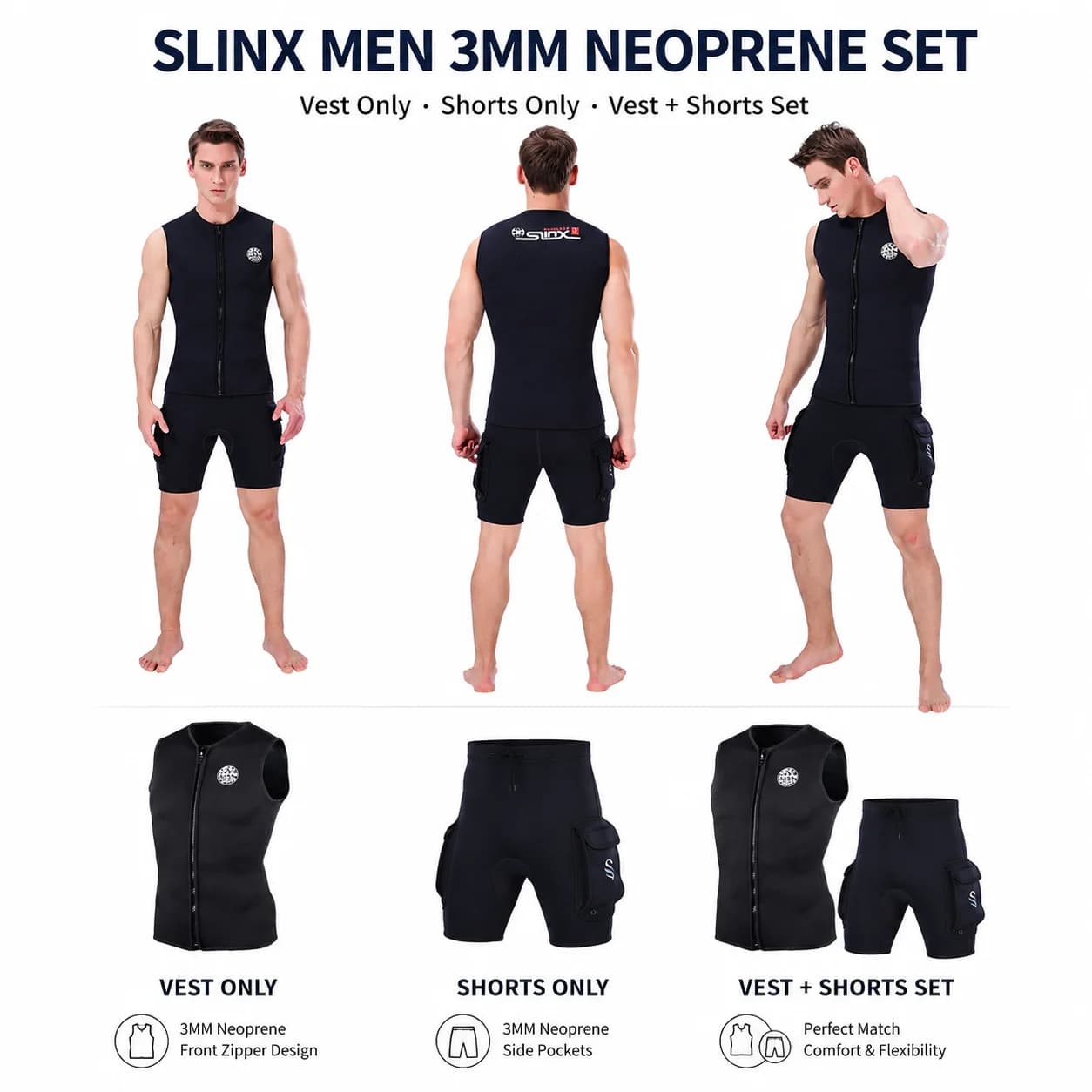SLINX Men 3mm Neoprene Wetsuit Vest Shorts Set Front Zip Sleeveless Diving Top Thermal Swim Shorts for Scuba Surfing Snorkeling