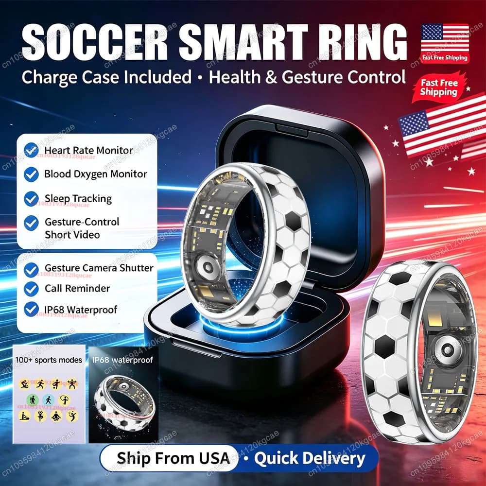 Football Smart Ring Gesture Control, Heart Rate Blood Oxygen and Sleep Health Monitor, Call & Information Vibration Reminder, IP68 Waterproof Ring Local USA