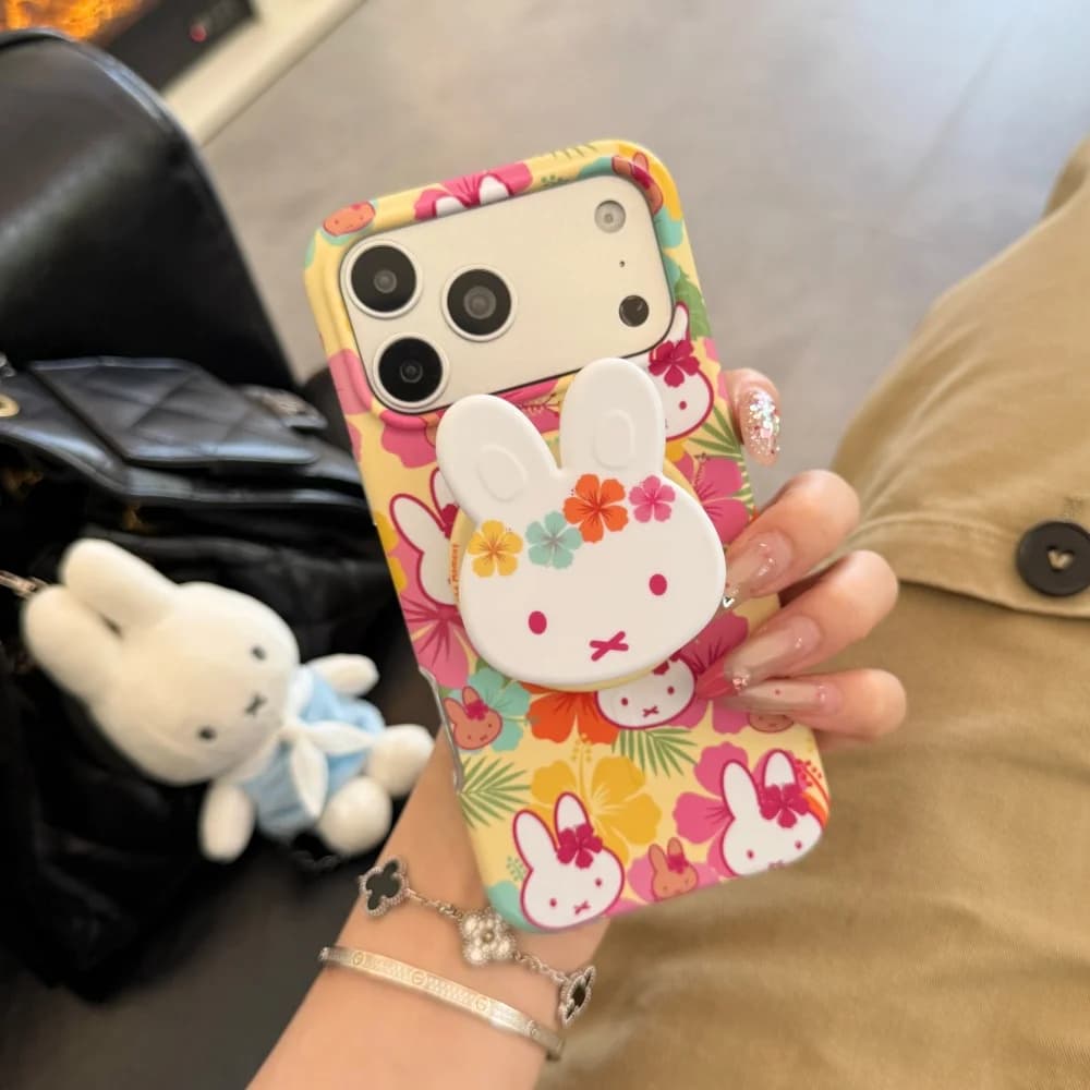Cute Summer Cartoon Flower Rabbit Magnetic Phone Case For iPhone 17 Pro 15 16 17 Pro Max 15 Pro Cover Kawaii With Magsafe Holder