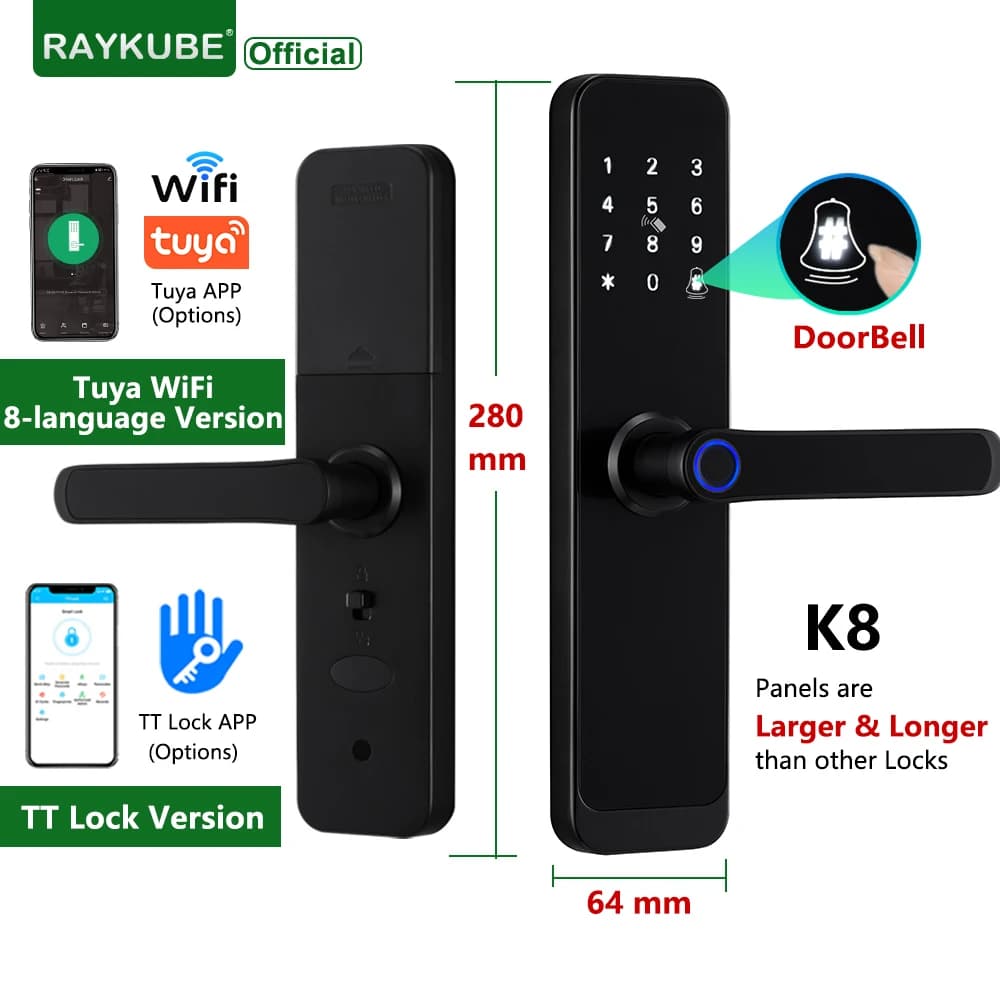 RAYKUBE K8 Smart Door Lock TTlock Bluetooth / Tuya Wifi Impronte digitali Password 13,56MHZ IC Card Keyless Smartlife Home