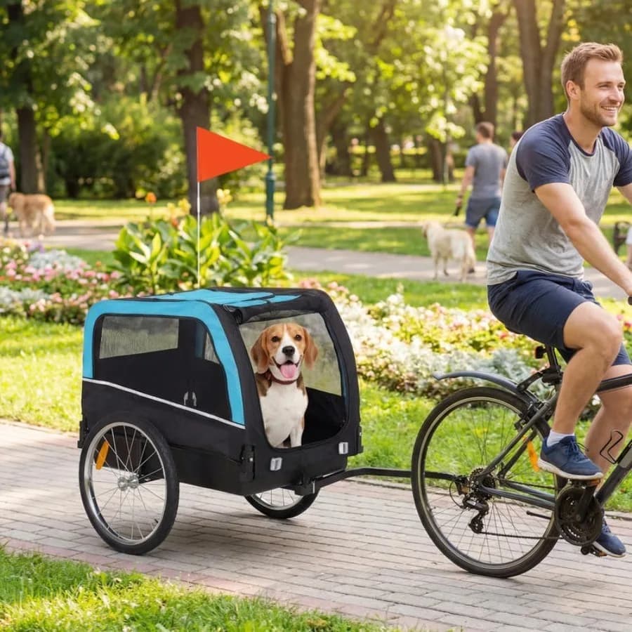 Rimorchio per Bicicletta per Cani, Carrello per Animali Domestici con Pneumatici da 20 Pollici, Ruote a Sgancio Rapido, Catarifrangenti, Bandiera
