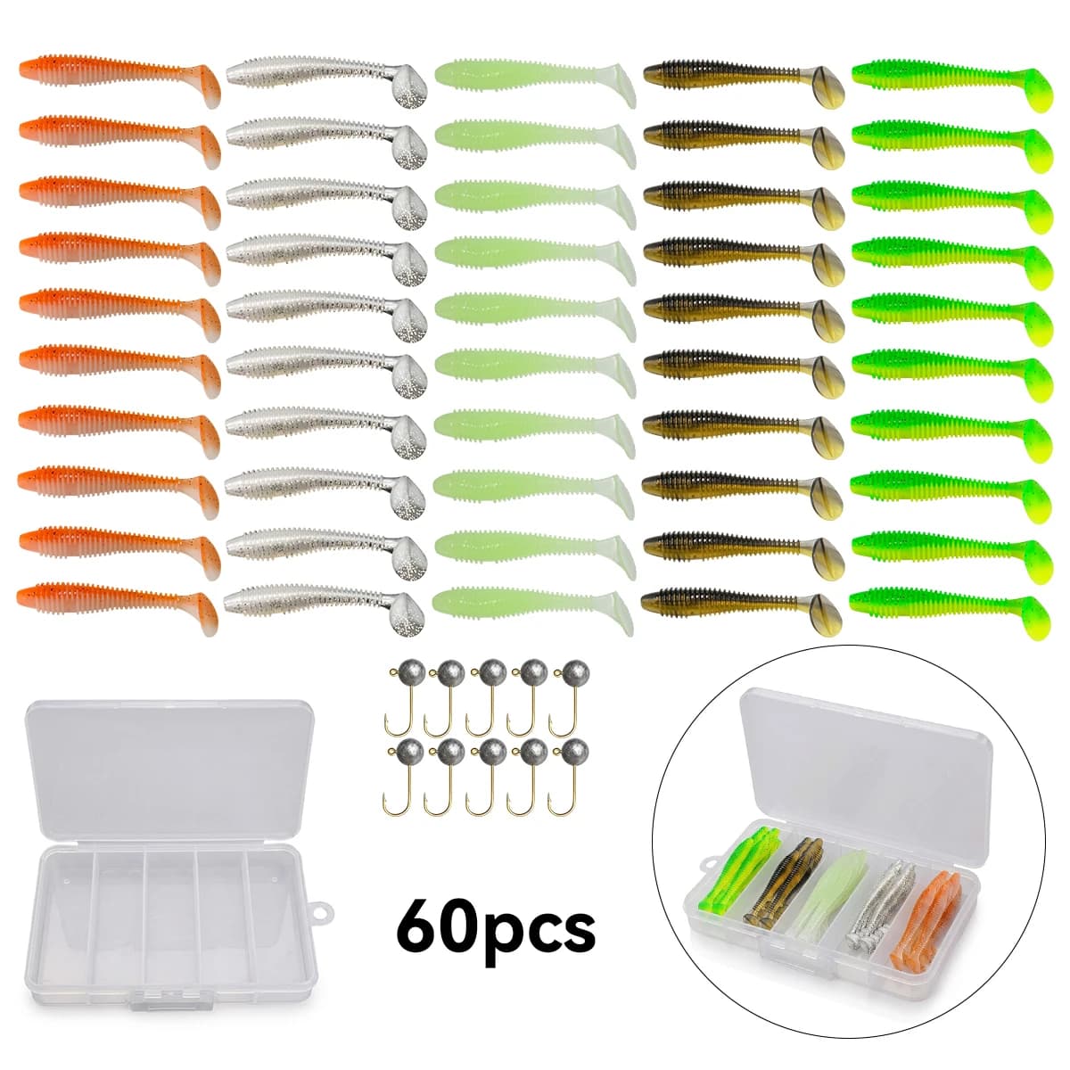 Soft Fishing Lures with TPE Material, 5 Colors, Luminous Color Included, jig head, Tackle Box Included for Freshwater Fishing