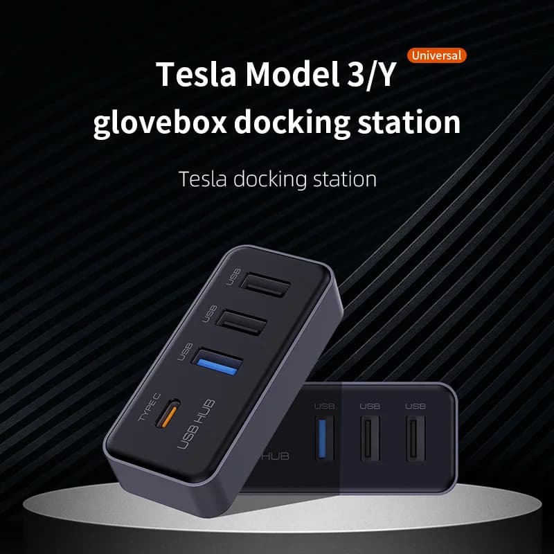 Hub USB 4-in-1 compatibile con Tesla Model 3 e Model Y versioni post-2023, utilizzabile per vano portaoggetti, dashcam, ricarica USB, trasferimento dati.
