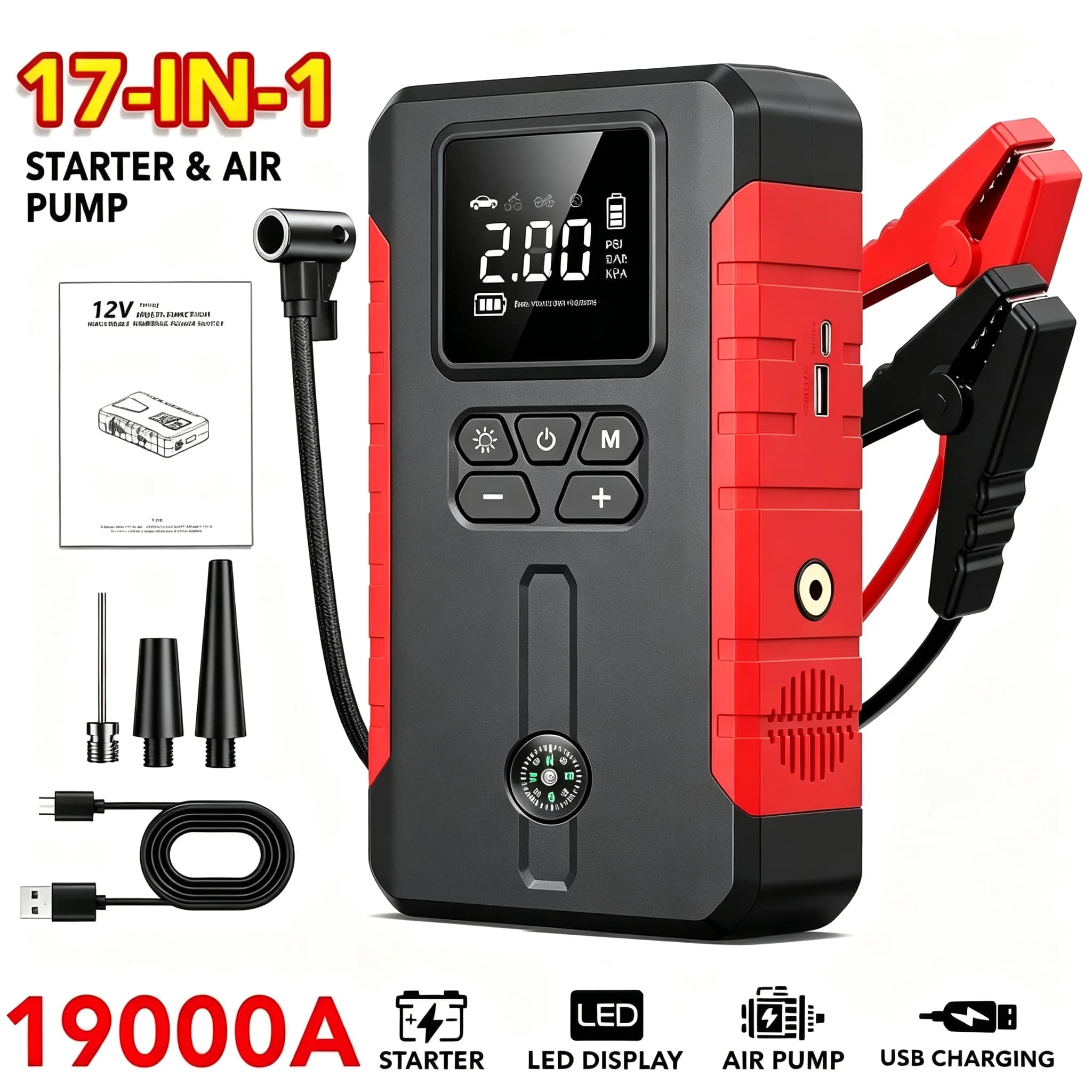 15000A-19000A Peak 350PSI 12V 17-in-1 Portable Jump Starter with Air Compressor Jump Starter, Car Battery Charger, Car Jump Starter with Air Compressor, Jump Starter Para, Car Accessories Tools, LED Light, Battery Charger, Cart Battery Charger