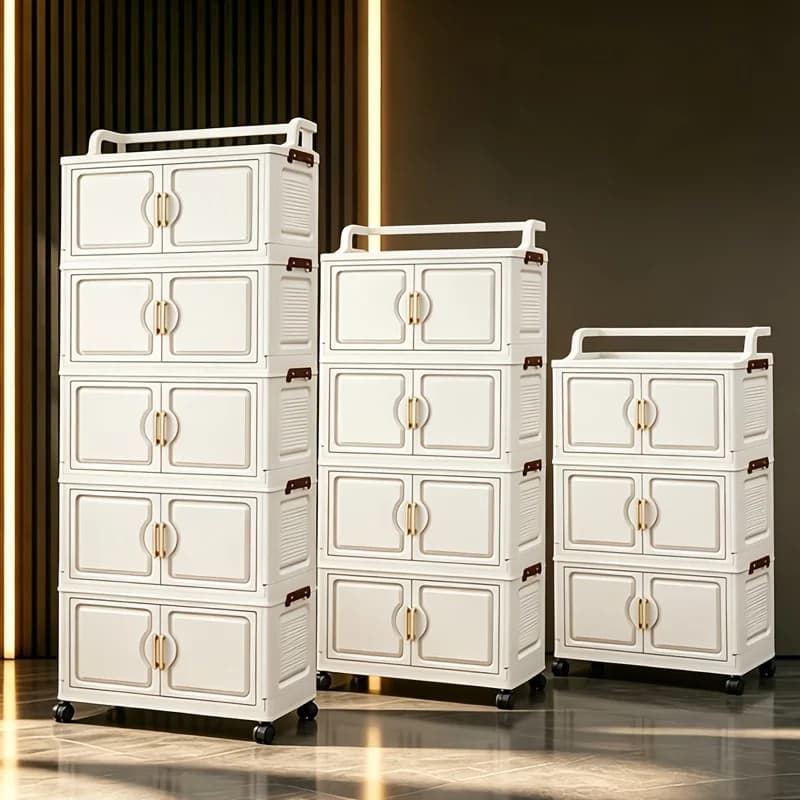 Cream white foldable storage cabinet, no assembly needed, stackable and collapsible plastic storage box, with gold double door handles and safety side latches, top handle for carrying, quiet rollers, slim narrow dustproof independent storage organizer, su