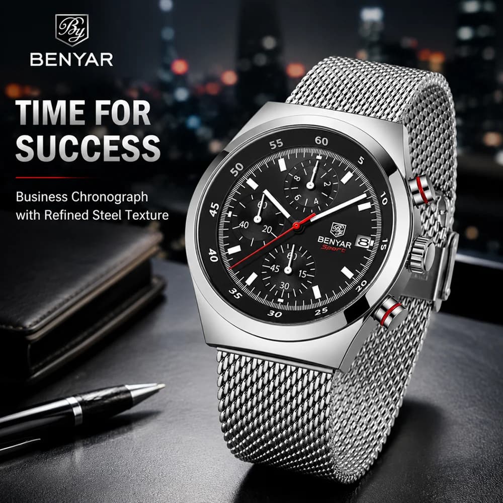 BENYAR Top Luxury Brand Business Men's Watch for Leisure Men's Watch with Quartz Knit Strap With Timekeeping 30 Meters Waterproof