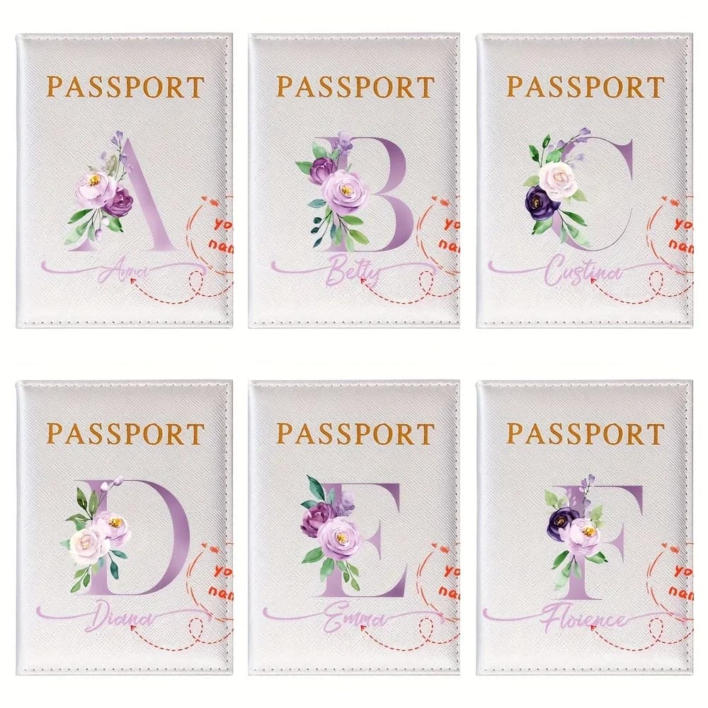 Personalized Floral Initials PU Passport Holder, Ultra-thin Travel Wallet Card Storage Travel Accessory
