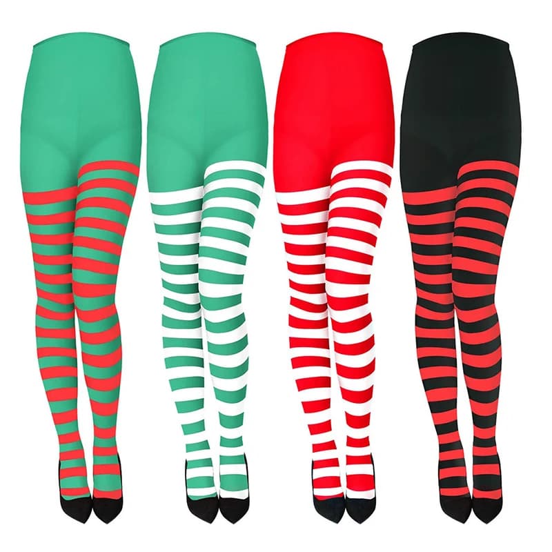 Collant natalizi da donna a righe Collant a figura intera Calza alta per la festa di Natale Trucco Decorazione da ballo Costume cosplay