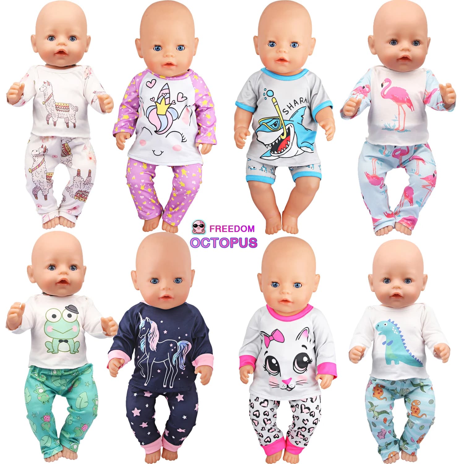 Vestiti per le bambole Pigiama per 43 cm Bambino appena nato e americano 18 pollici Ragazza bambola Unicorno Squalo Cartoon Vestiti Vestito per la generazione di bambole