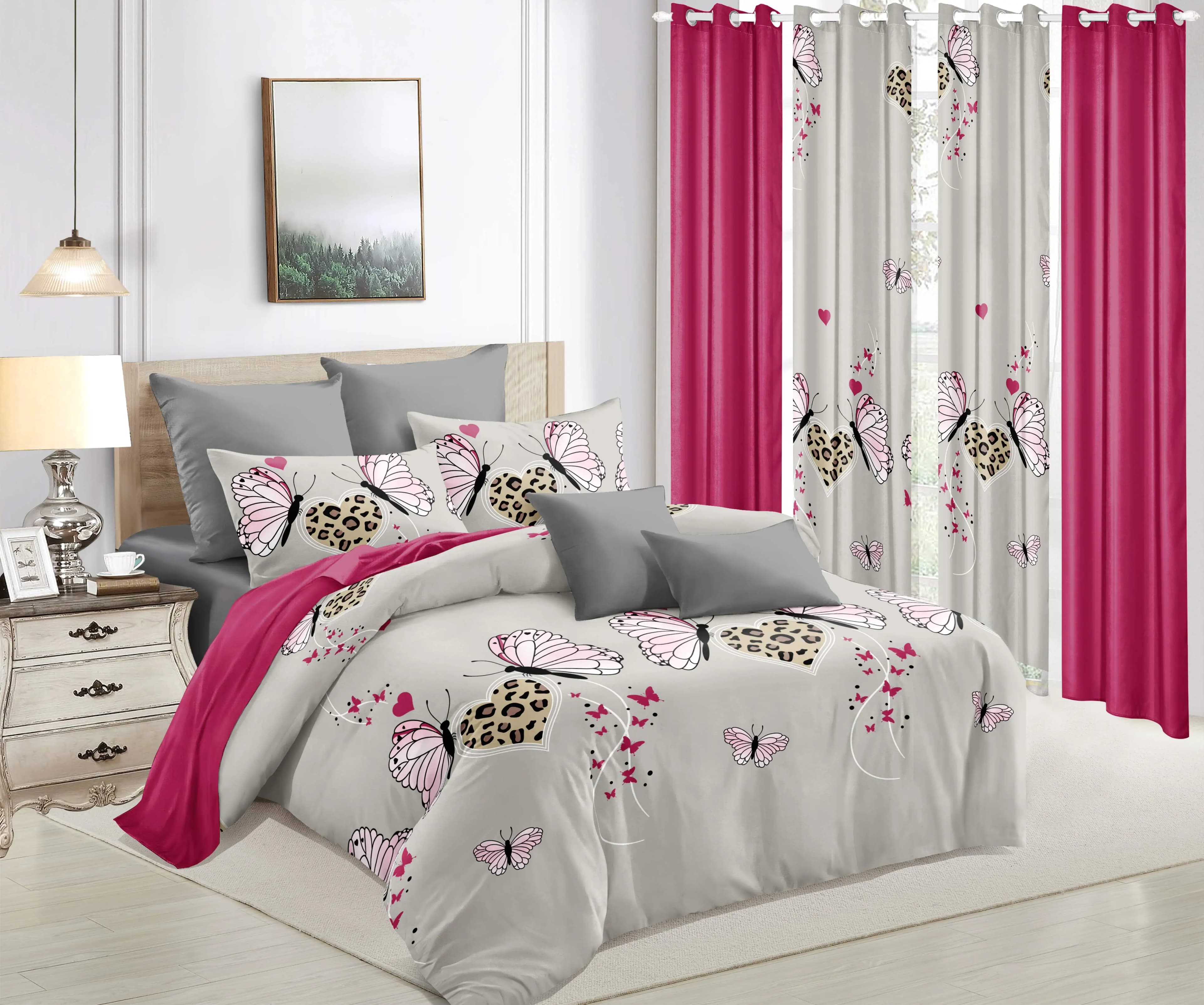 Set di Biancheria da Letto Stampata 9 Pezzi (1 Copriletto + 2 Federe + 2 Tende Stampate + 4 Tende Tinta Unita) Morbido e Confortevole Rosa