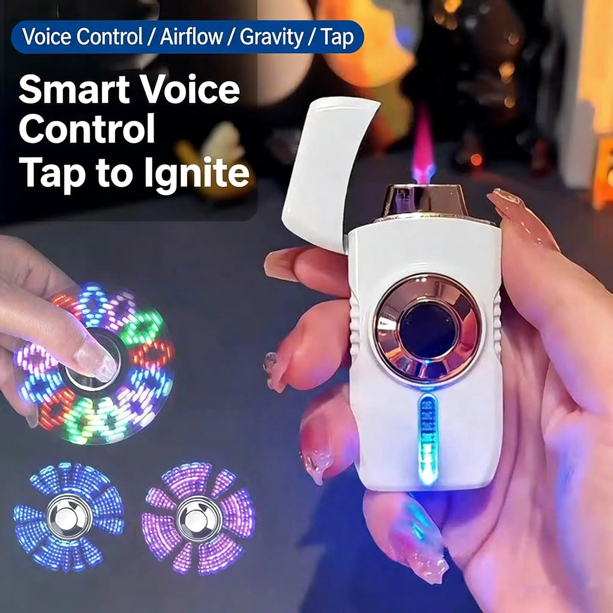 Voice-controlled electronic pulse lighter and stress-relieving fidget spinner; features 4 ignition settings, cool LED lights, and USB-C fast charging-a must-have for camping and BBQ, and a unique gift for men.(Butane Gas Not Included)