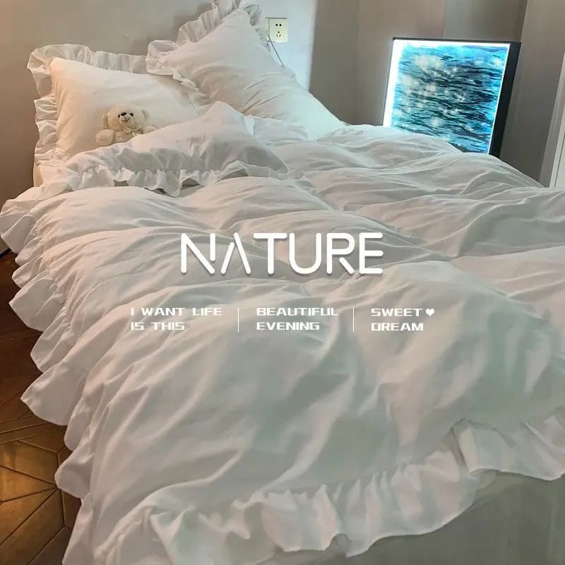 Set di biancheria da letto stile principessa INS Copripiumino con fiocco in pizzo con volant Biancheria da letto romantica Decor Copripiumino per camera da letto per donna e ragazza 4 pezzi