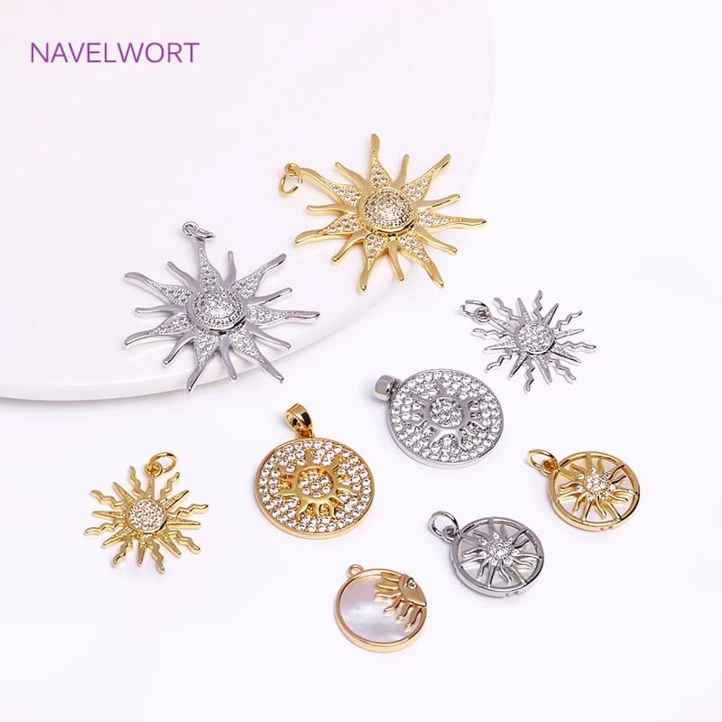 Ciondolo in ottone placcato oro 18 carati, ciondolo sole rotondo per collana che fa risultati, ciondolo sole zircone intarsiato, ciondolo gioielli, accessori fai da te