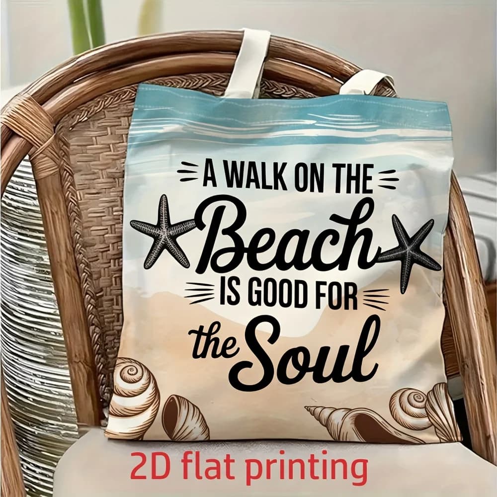 1 borsa a tracolla in tela con scritta "Walking on the Beach Is Good for the Soul" e disegni di stelle marine e conchiglie, borsa tote leggera e pieghevole, borsa per la spesa riutilizzabile con tracolla fissa, regalo perfetto per pendolarismo, viaggi, shopping, scuola e vacanze