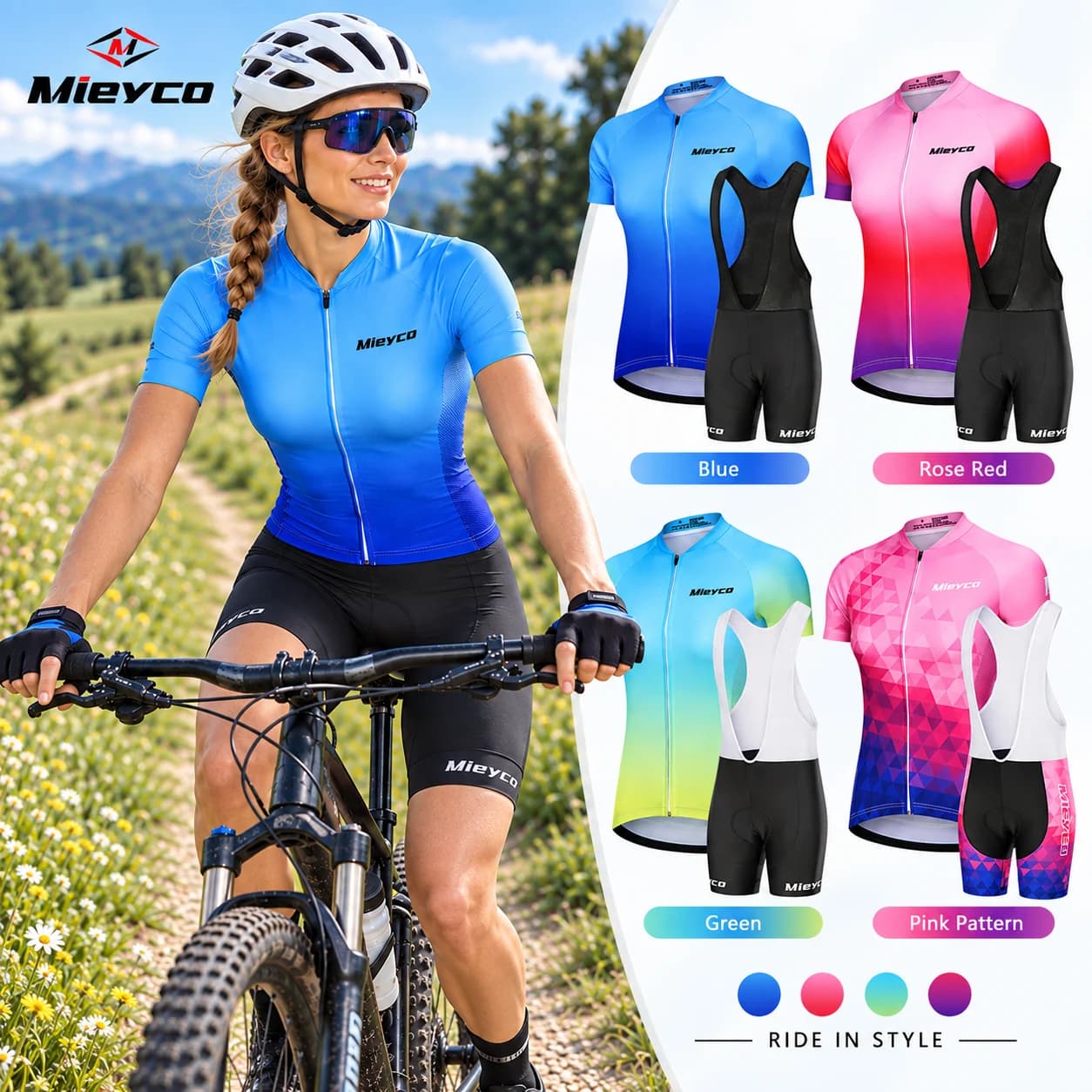 Mieyco Women Gradient Cycling Jersey Set Ombre Color Design Short Sleeve Bike Shirt Padded Bib Shorts MTB Road Bicycle Outfit