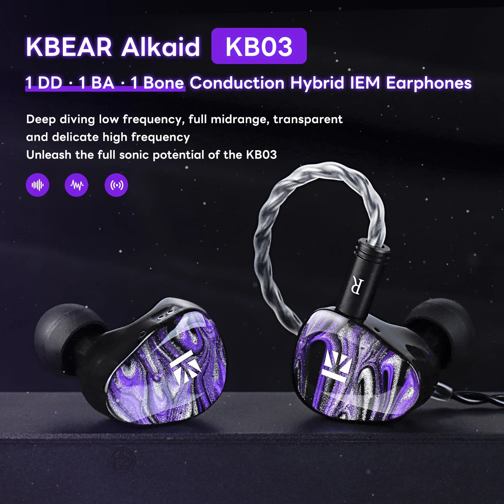 KBEAR KB03 Auricolari ibridi a conduzione ossea e DD e BA Auricolari bassi HIFI stampati in 3D Cuffie con monitor in metallo Cuffie da gioco