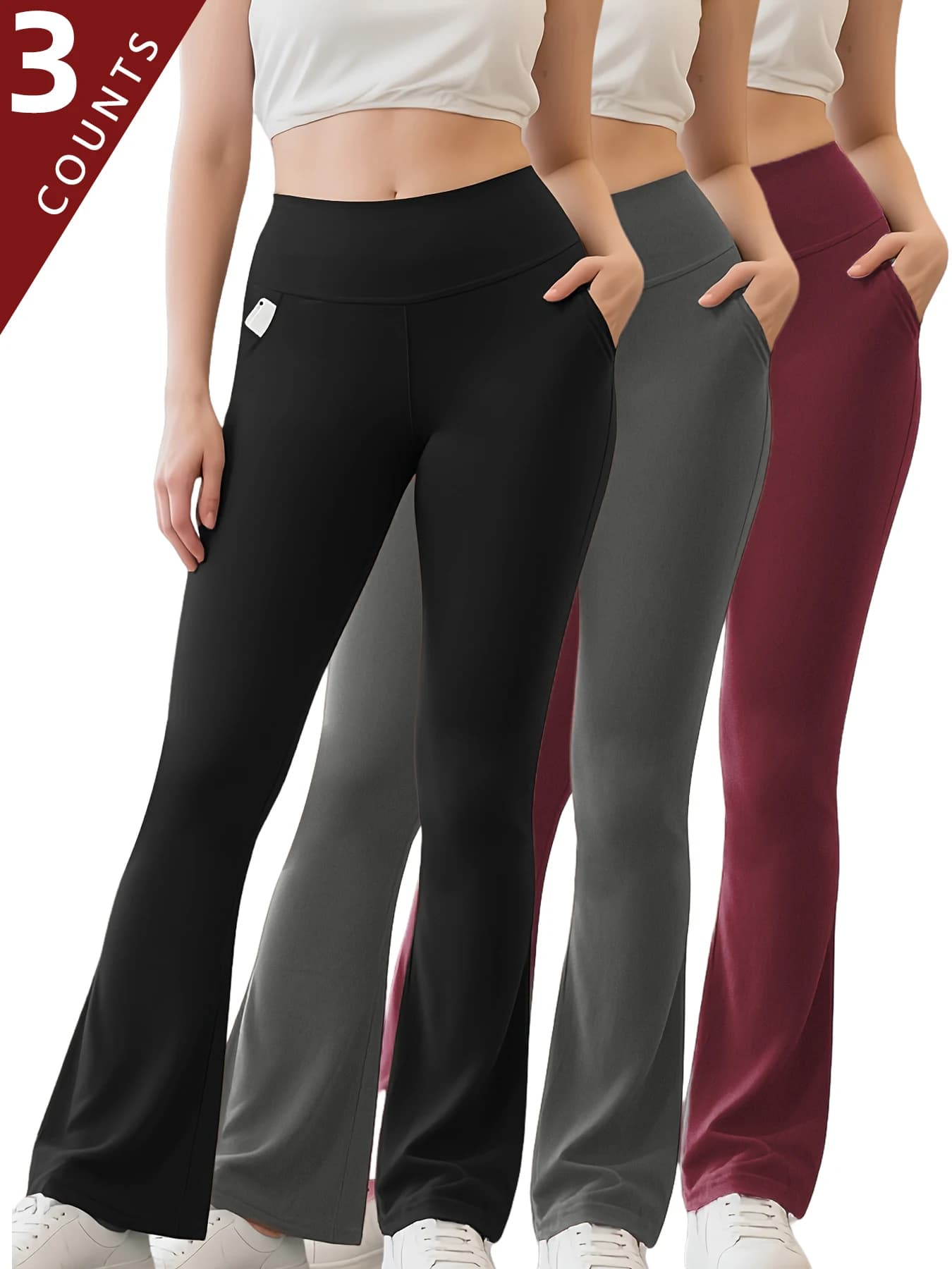 Confezione da 3 pantaloni da yoga a vita alta con tasche laterali, effetto push-up e tonificante per l'addome, leggings attillati, leggings per corsa ed esercizi, P