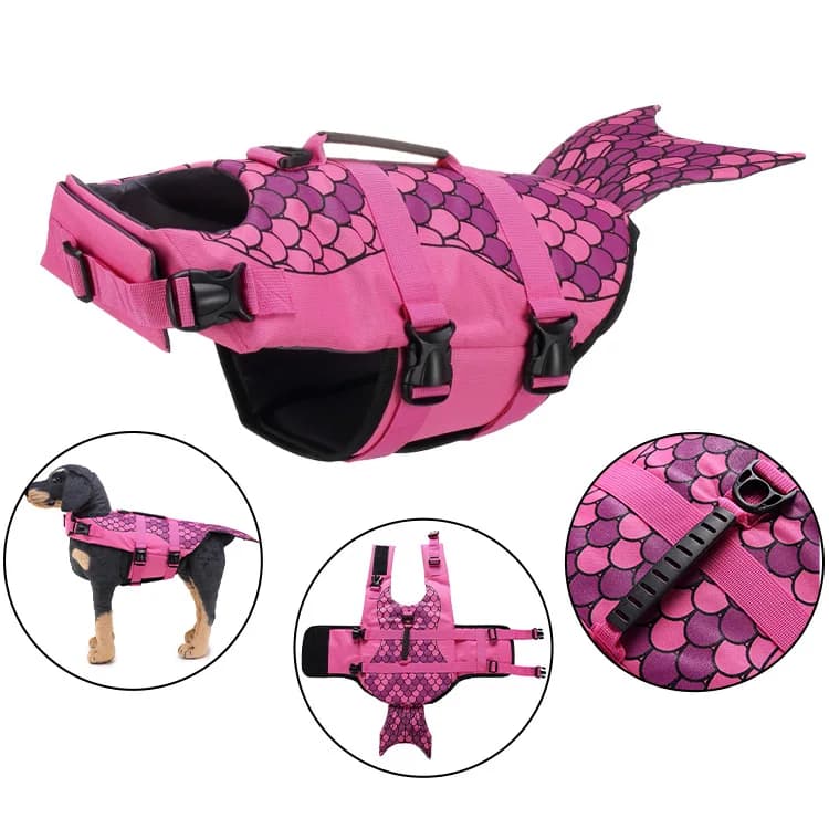 Giubbotto di salvataggio per cani Design a coda di sirena – Giubbotto da bagno di sicurezza rosa con manico e cinghie regolabili