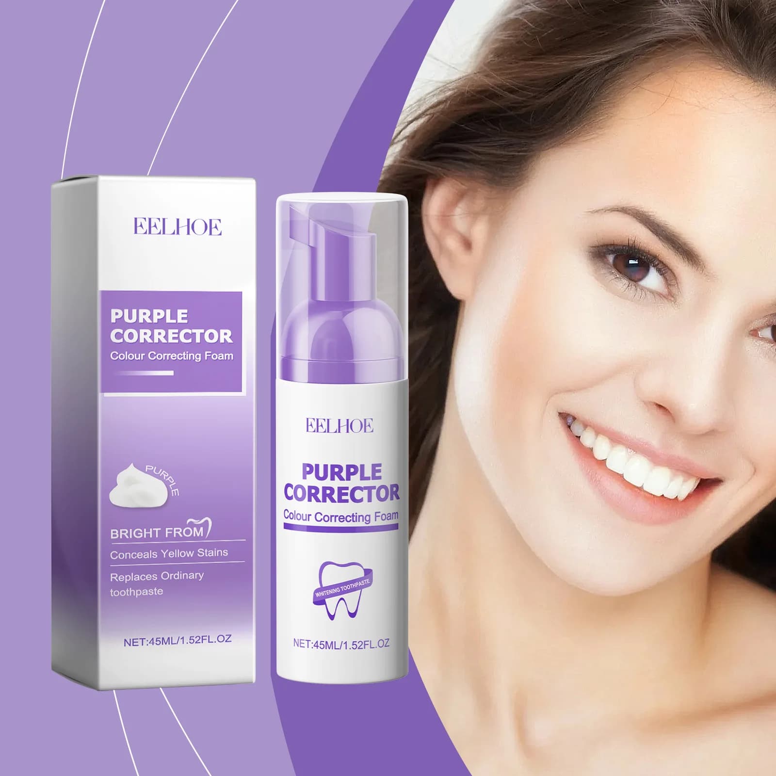 Eelhoe 45ml Mousse sbiancante per denti Viola Riparazione del colore dei denti Alito fresco Orale Rimuovi macchie di placca Mousse correttore per denti gialli