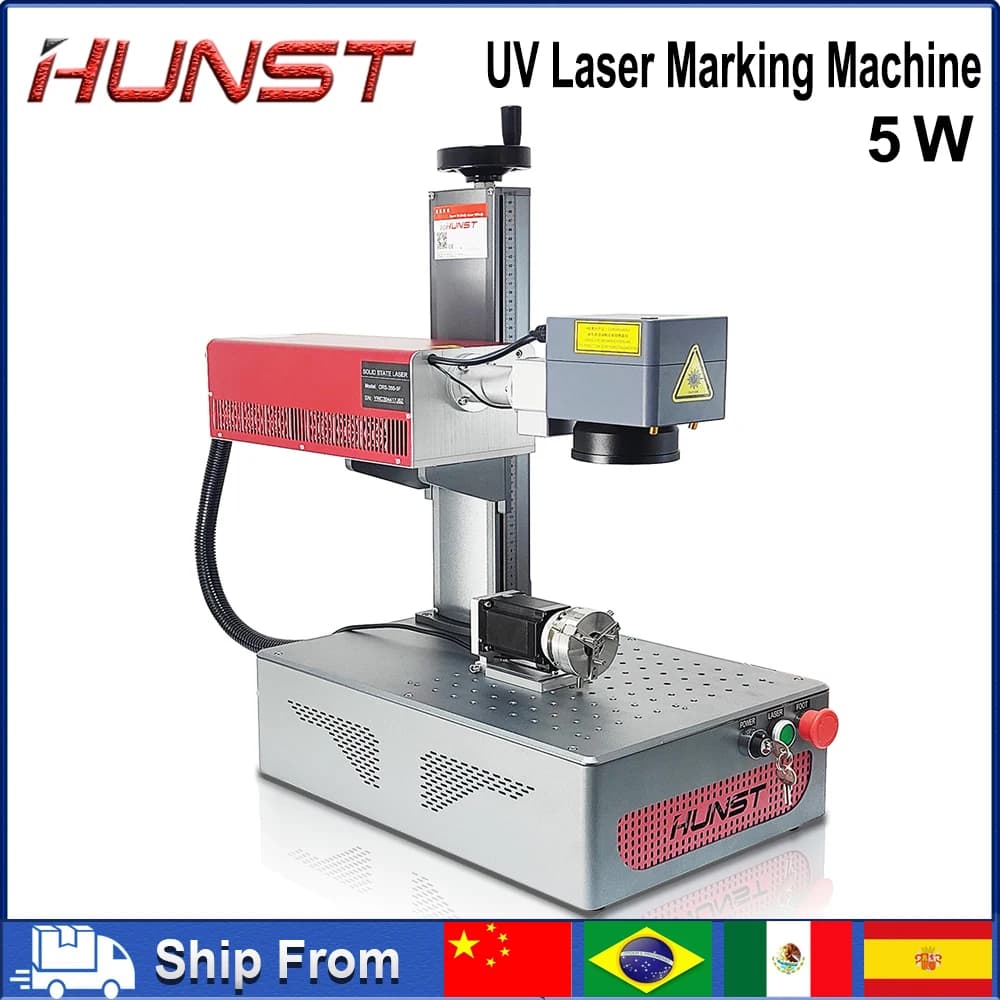 The small 5 W HUNST UV laser marking machine is suitable for engraving on plastic, PVC, glass, jade, leather bottles, etc.