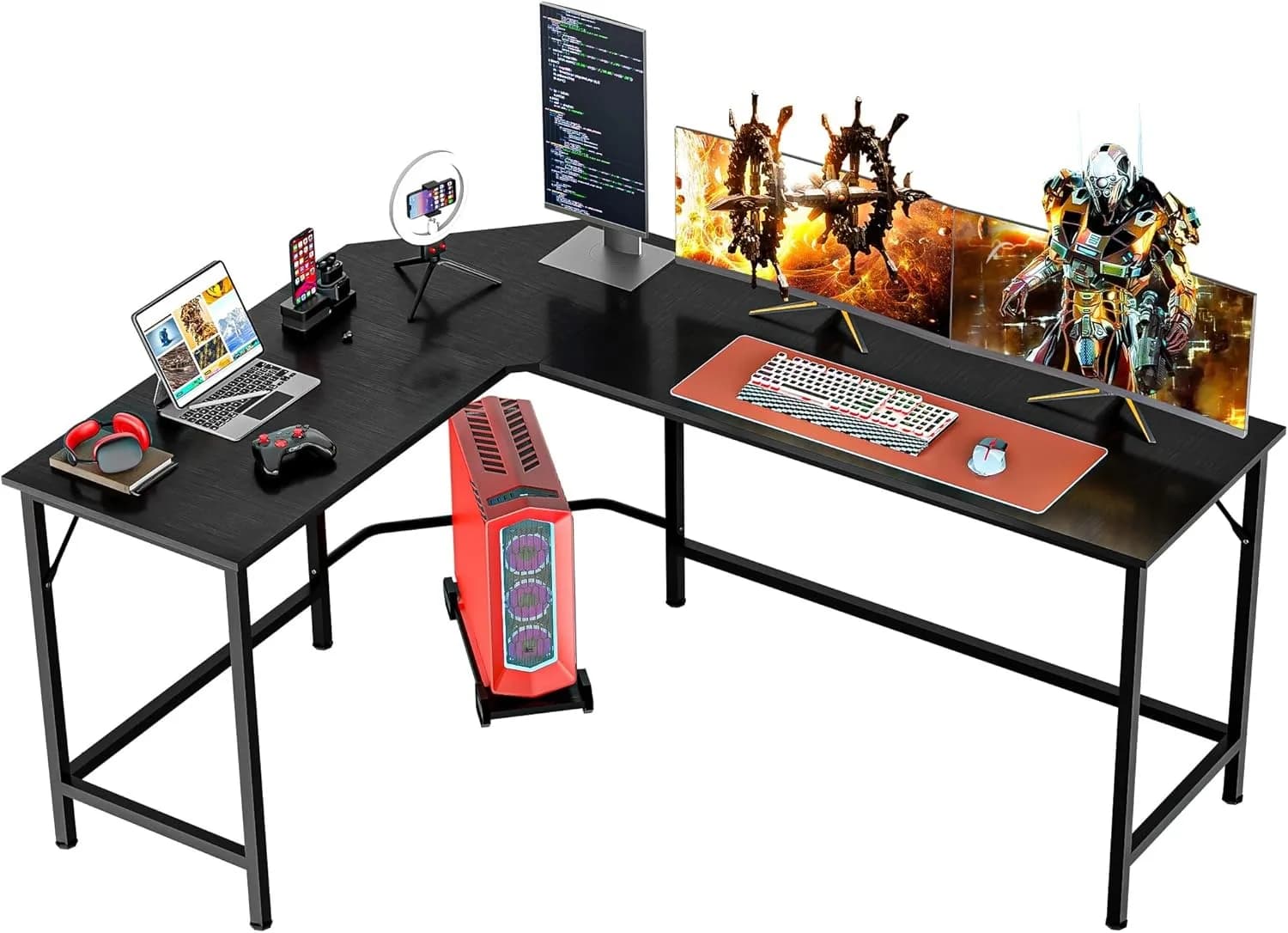 Scrivania da Gaming a L da 66 Pollici con Supporto CPU e Poggiapiedi, Tavolo da Studio per PC e Laptop, Postazione di Lavoro per Gaming