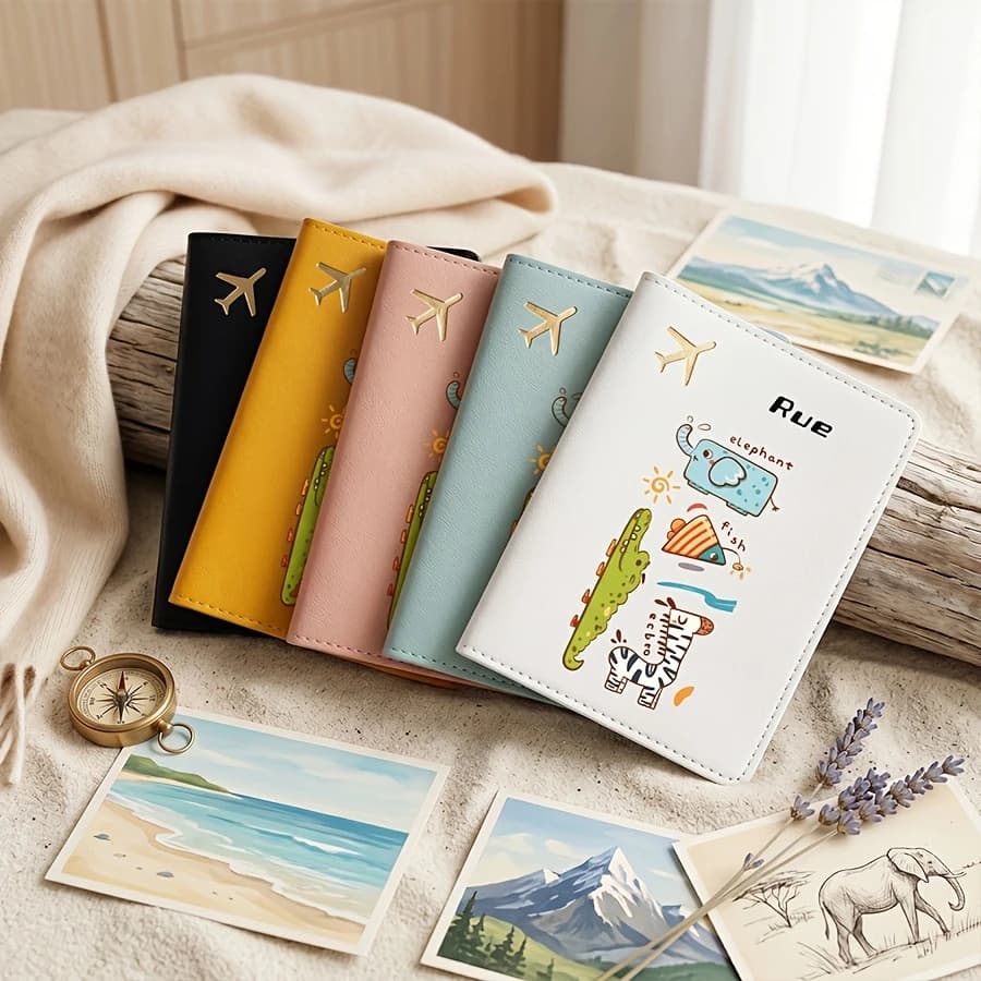 A Personalized Name and Text Airplane Logo Passport Holder Wallet for Men and Women, Featuring a Cute Cartoon Pattern Design.