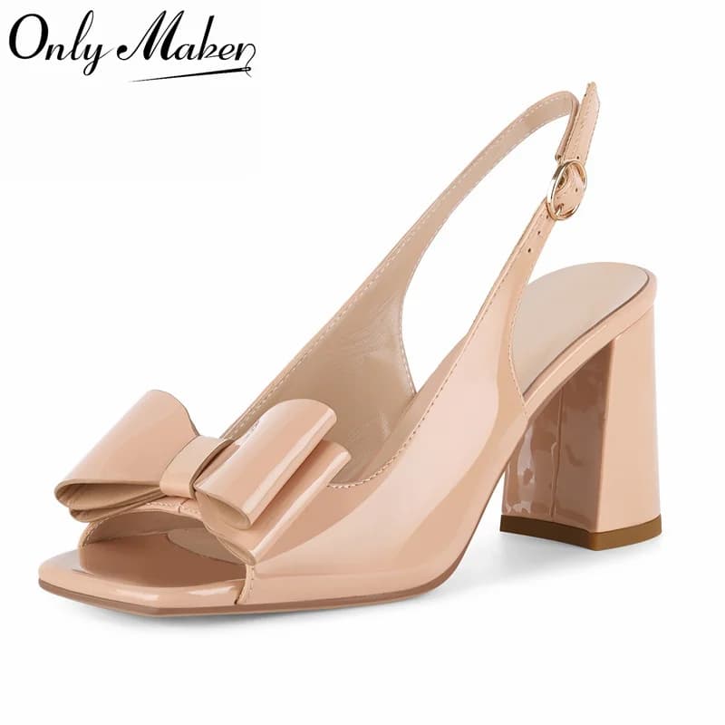 Onlymaker Women Square Toe Bow Slingback Chunky Heel Pumps Slingback Office Dress Chuny Heel Classic Open Toe Pumps Heels