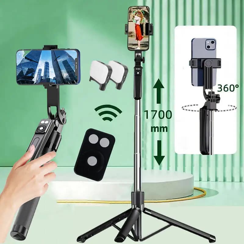 FANGTUOSI 1,7M 360 ° rotazione Selfie Stick Treppiede wireless con supporto per telefono allungabile remoto Bluetooth leggero per Tlktok