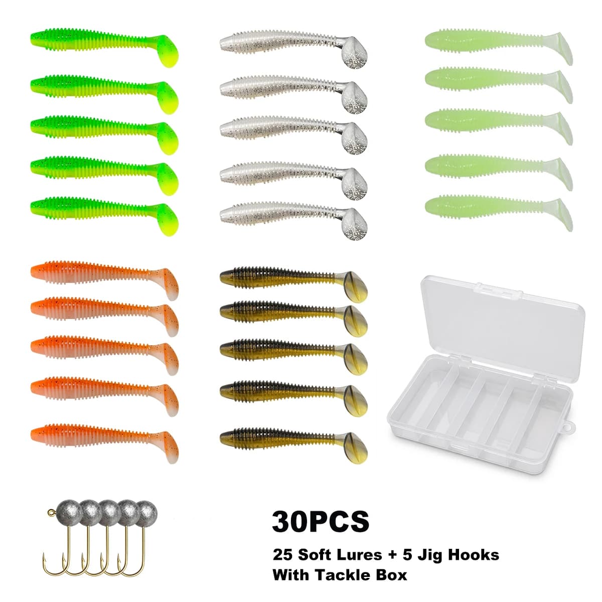 30PCS Soft Fishing Lure Kit with 5g Jig Head Hooks Paddle Tail Swimbait Set with Tackle Box