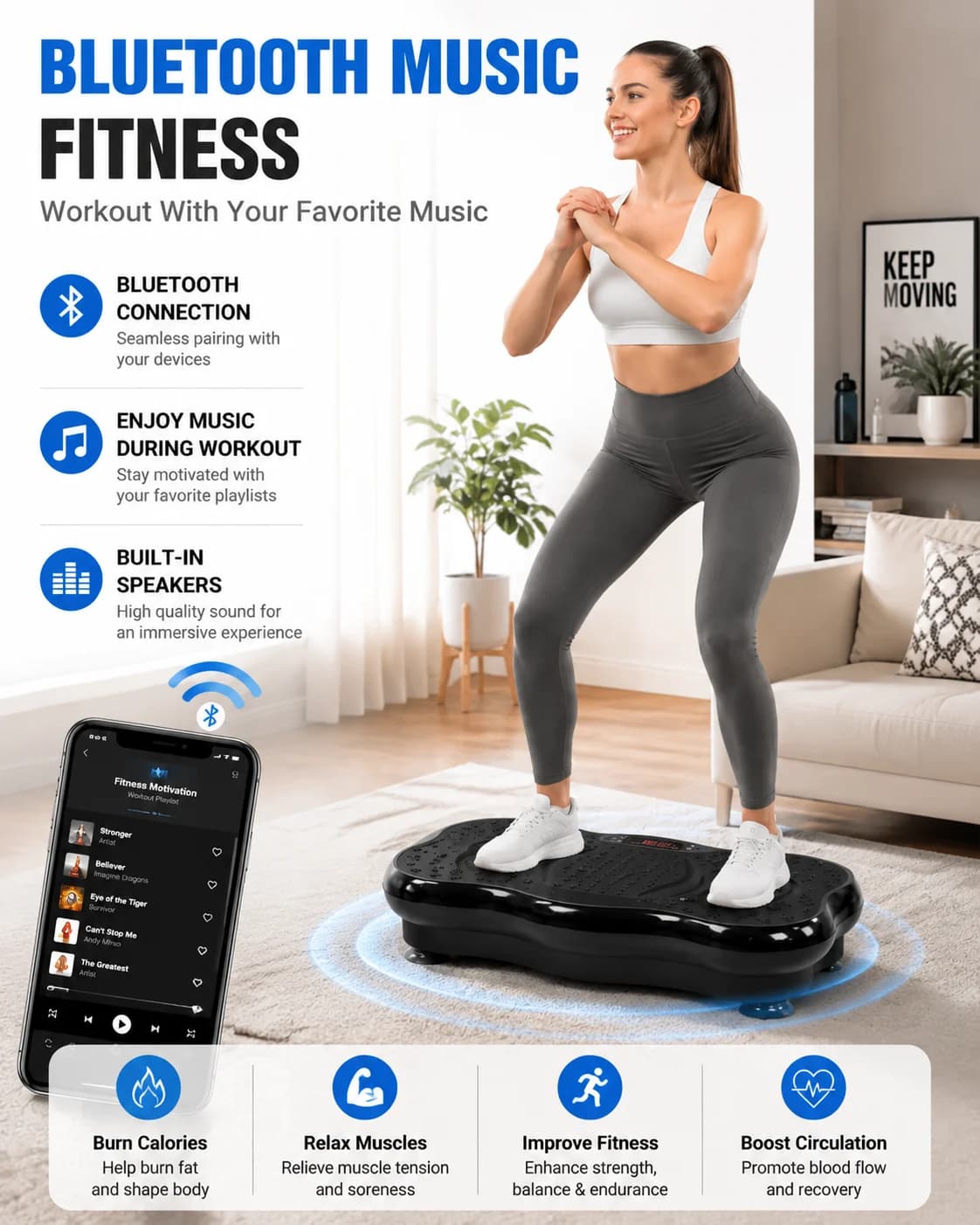 Whole Body Vibration Plate Exercise Machine, Slim Fitness Platform with Bluetooth Music, Remote Control, Resistance Bands for Home Workout & Muscle Relaxation