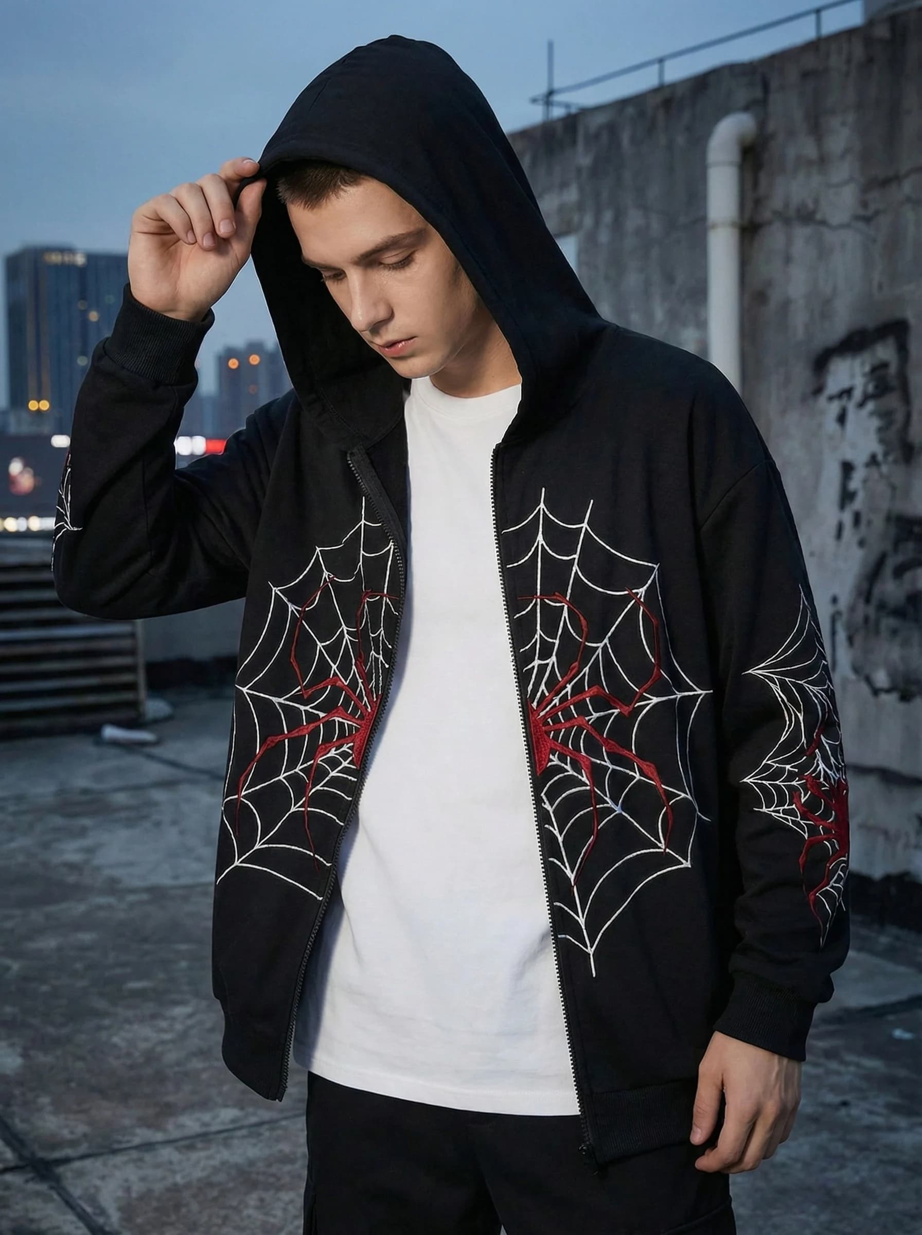 Oversized Full Zip Hoodie with Spider Web Embroidery, Unisex Gothic Y2K Streetwear Zip Up Sweat Jacket with Front Pockets