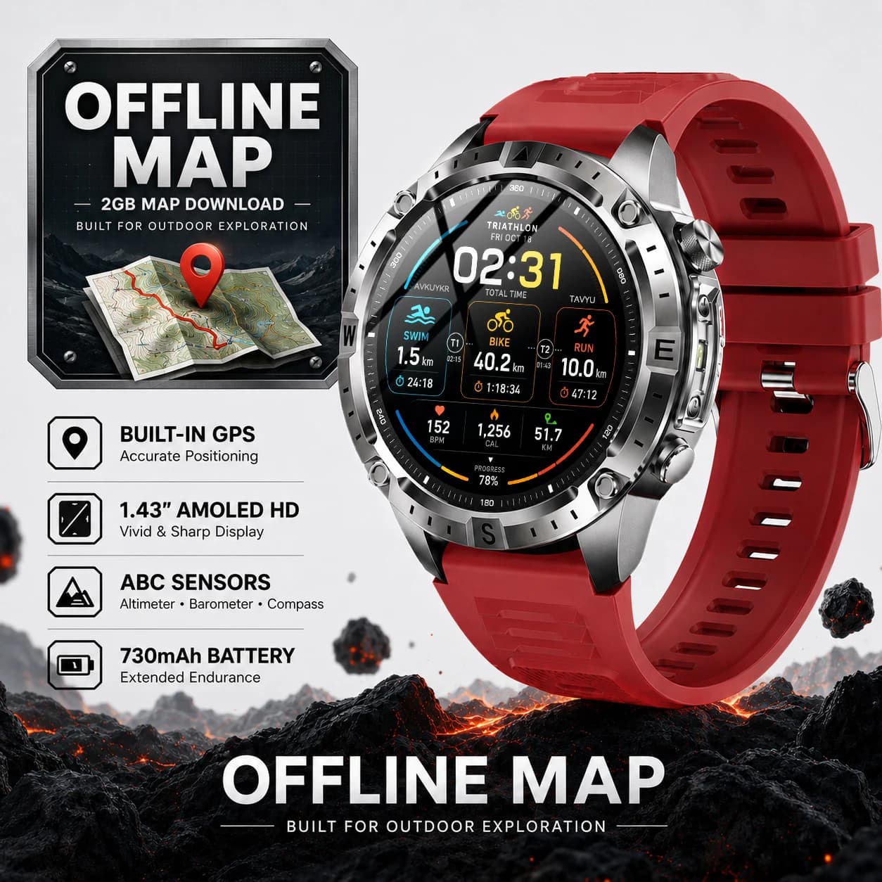 Nuovo Smartwatch GPS 2026 con Mappe Offline, 2GB di Download Mappe, Batteria 730mAh, Display AMOLED 1.43, GPS Integrato, Sensori ABC, per Sport Outdoor Uomo Pro