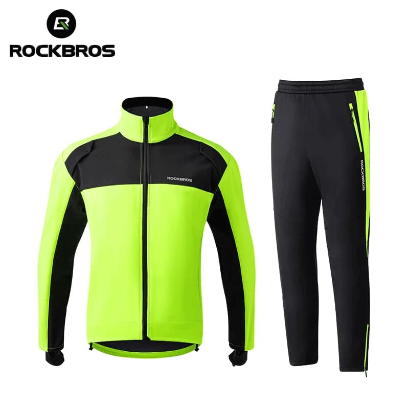 ROCKBROS Set di abbigliamento da ciclismo autunno inverno Maglia termica antivento spessa Giacca sportiva da esterno Pantalone in pile Abbigliamento sportivo