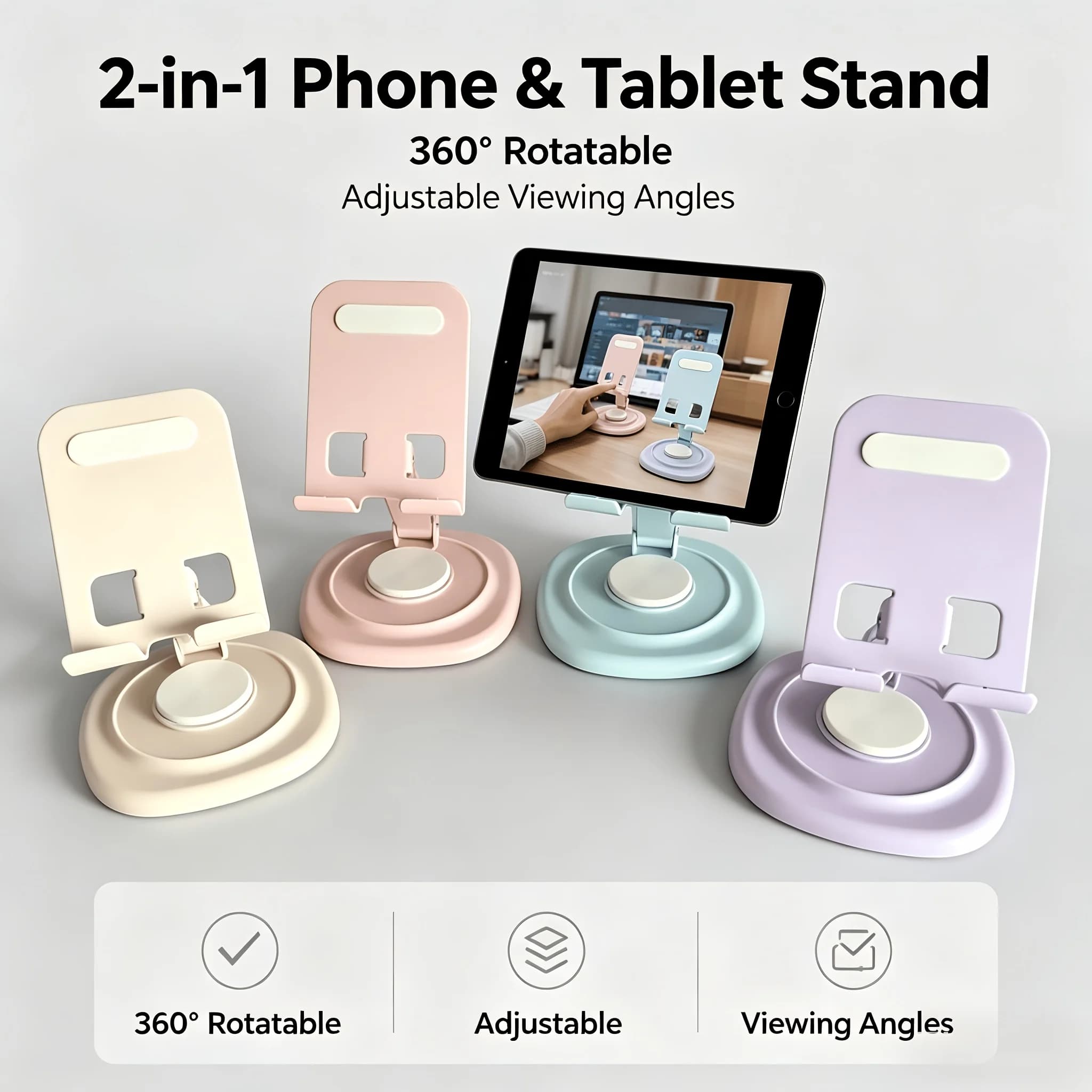360° rotating phone/tablet holder, stable and slip-resistant, portable and foldable design, made of metal material.