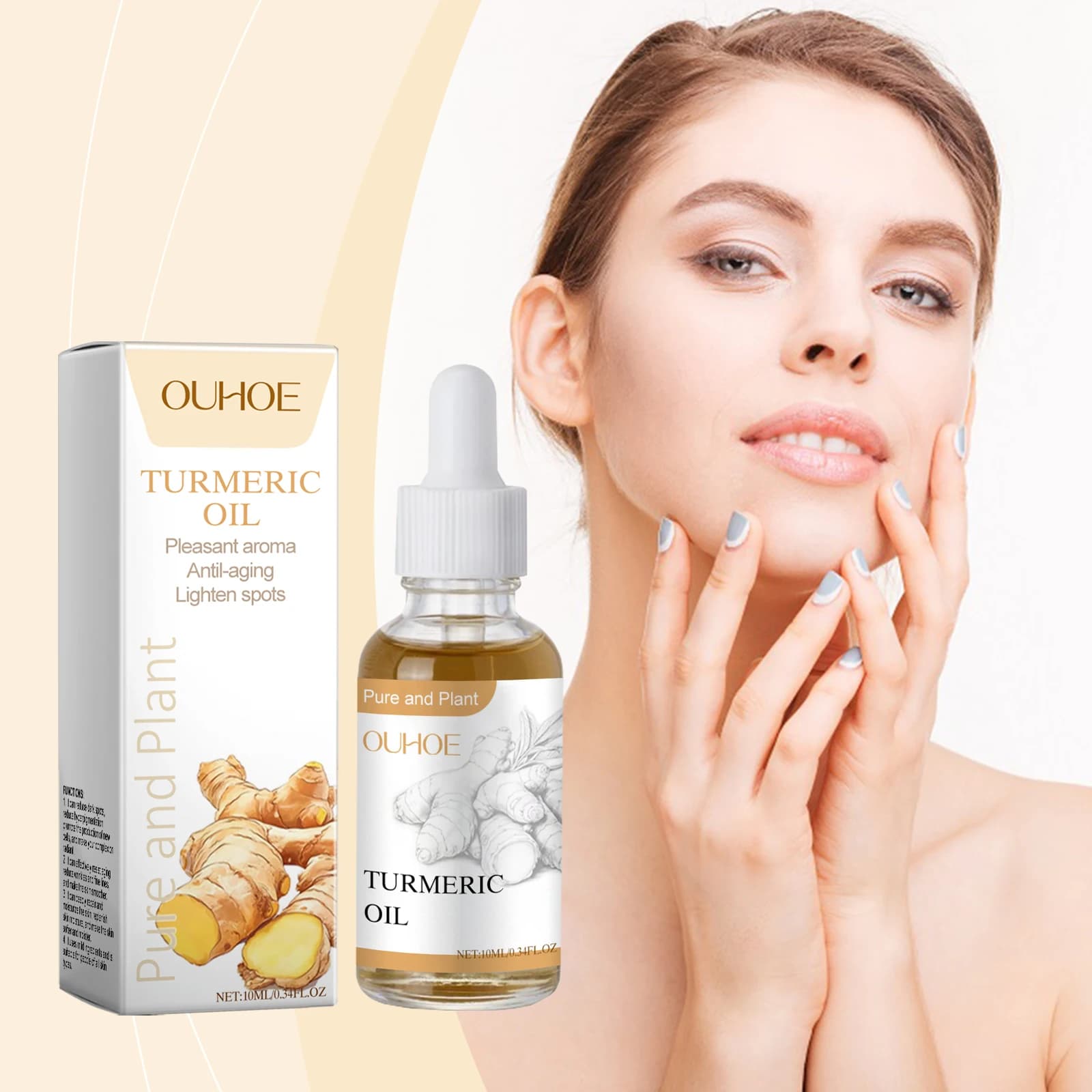 Ouhoe 10ml Olio Essenziale di Curcuma Cura Idratante Stringere Le Linee Sottili Del Viso Schiarire Macchie Scure Pelle Liscia Olio Essenziale