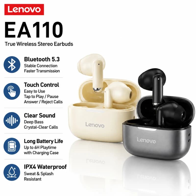 Lenovo EA110 Wireless Headset Bluetooth 5.4 Intelligent Touch Control Headphones Long Lasting Battery Life Support Android iOS