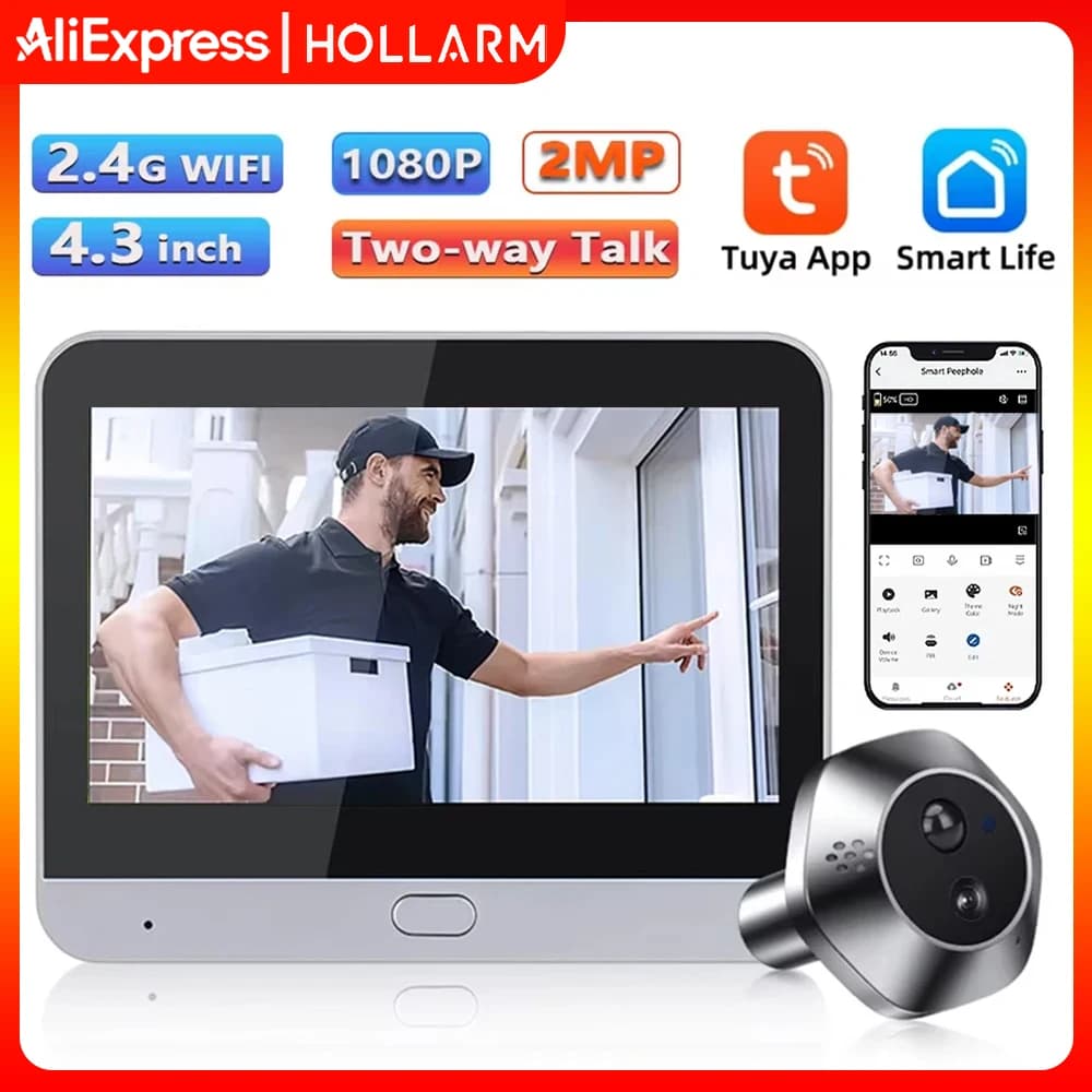 Hollarm Videocitofono Smart WiFi con Schermo da 4.3 Pollici, Telecamera Spioncino Tuya 1080P con Visione Notturna PIR e Rilevamento Movimento