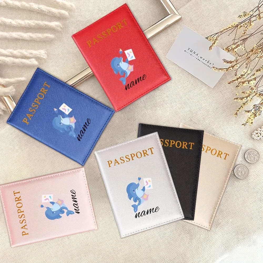 Cute Blue Dolphin Custom Name PU Passport Holder, Ultra Thin Foldable Travel ID Card Organizer