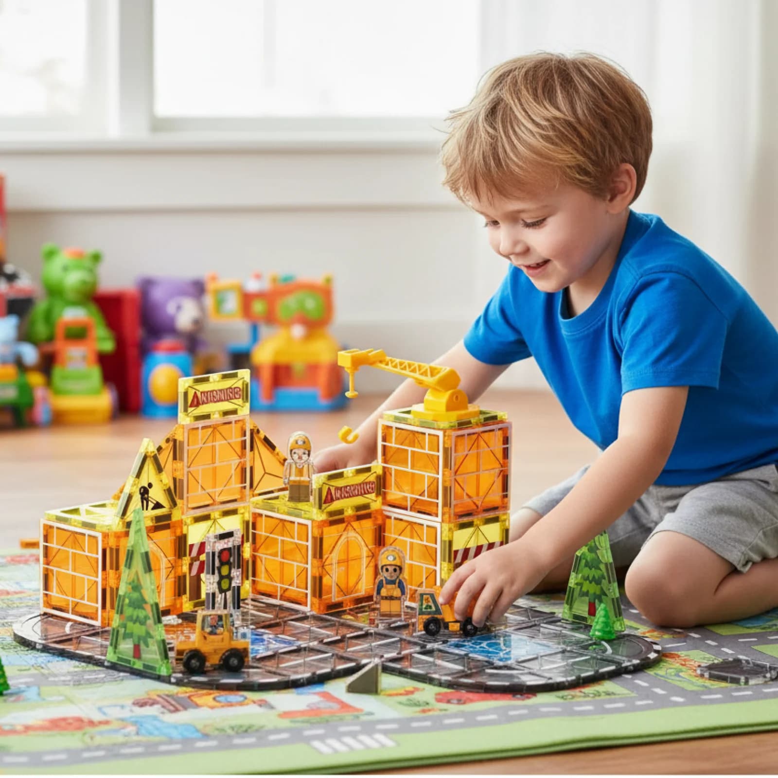 Mattoncini Magnetici a Tema Ingegneria con Blocchi di Veicoli da Costruzione, Giocattoli Magnetici per Bambini, Gioco Educativo STEM