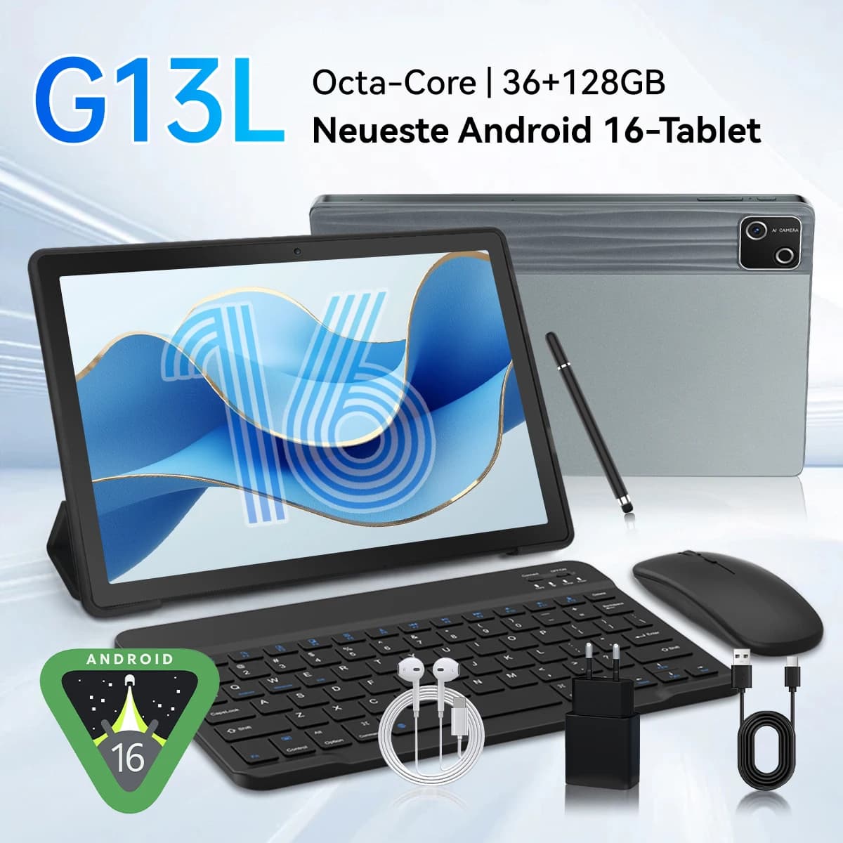 G13L Gray 10.1 Inch Android 16 Tablet PC Octa‑Core Processor 36GB(6+30GB Virtual) 128GB ROM 1TB Expand WiFi6 6800mAh Fast Charging 5MP+8MP Dual Camera Full Accessory Bundle Keyboard Mouse Stylus Case Headset Business Learning Tablet US Local Warehouse