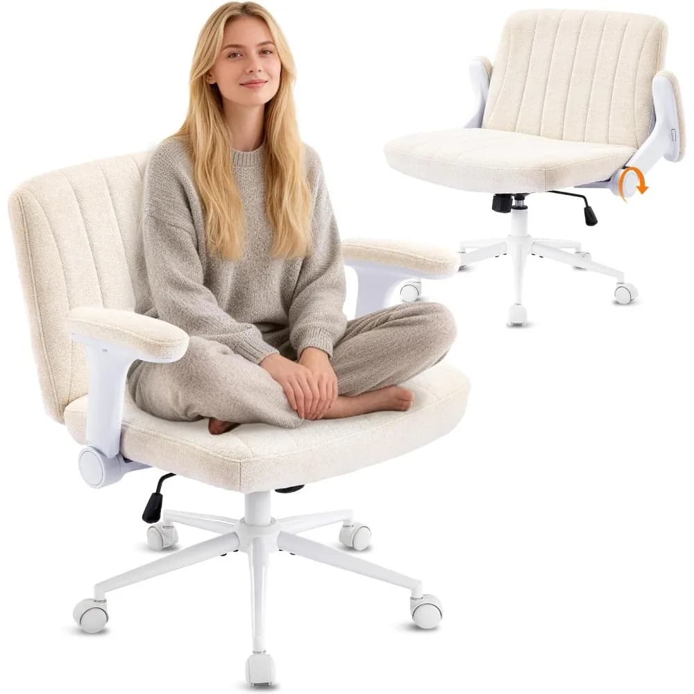 Sedia a gambe incrociate con braccioli regolabili e ribaltabili, sedia con ruote, sedia da ufficio extra larga, comoda sedia da scrivania