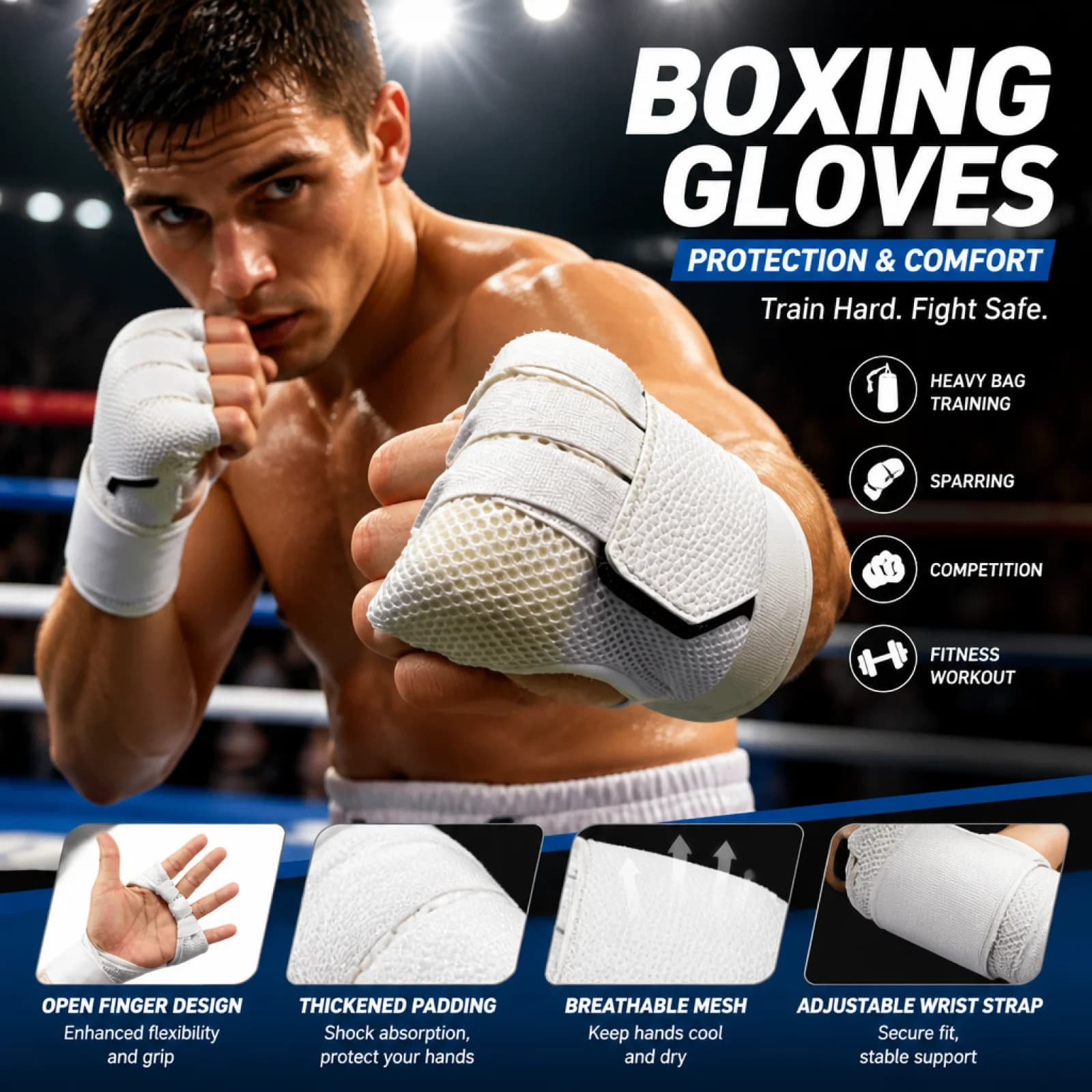 Guanti da Boxe Mezze Dita Protezione Mani Professionali con Fasce Avvolgenti per Fitness MMA Kickboxing Allenamento