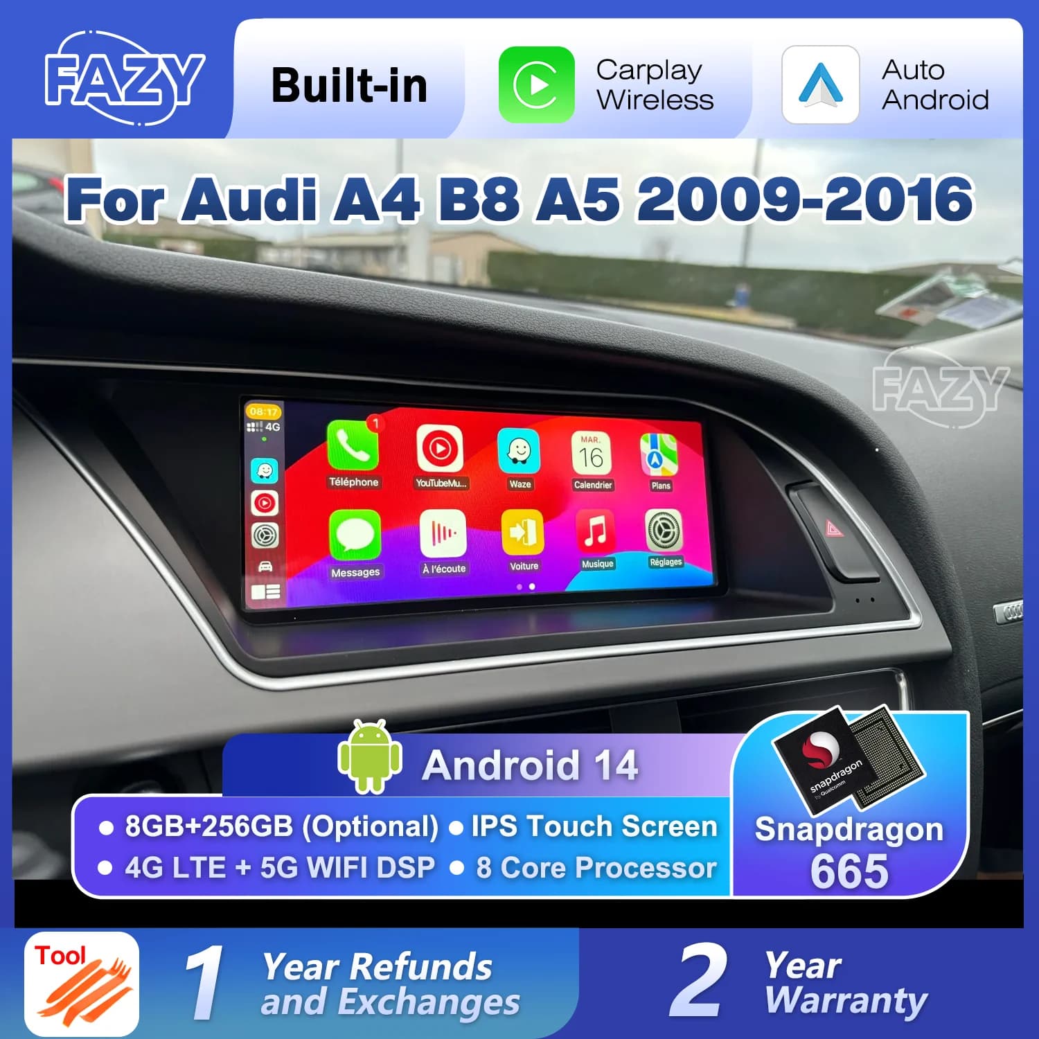 Autoradio Android 14 with Carplay Wireless for Audi A4 B8 A5 2008-2017, GPS, Screen Touch IPS, Multimedia, Android Auto, BT, DSP