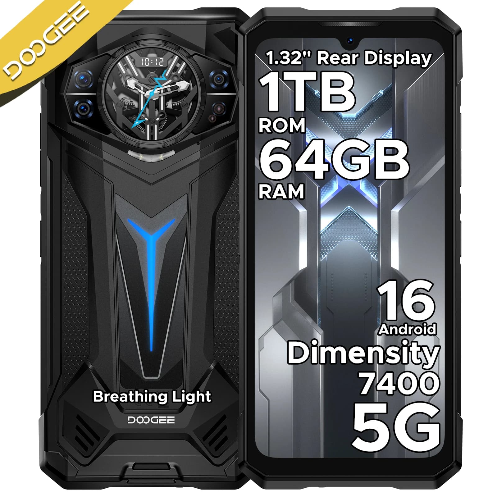 DOOGEE S200 Ultra 5G Telefono Rugged con Display Posteriore AMOLED da 1.32'', Schermo da 6.72'', 12GB+1TB, Batteria da 11000mAh, Android 15, Smartphone NFC