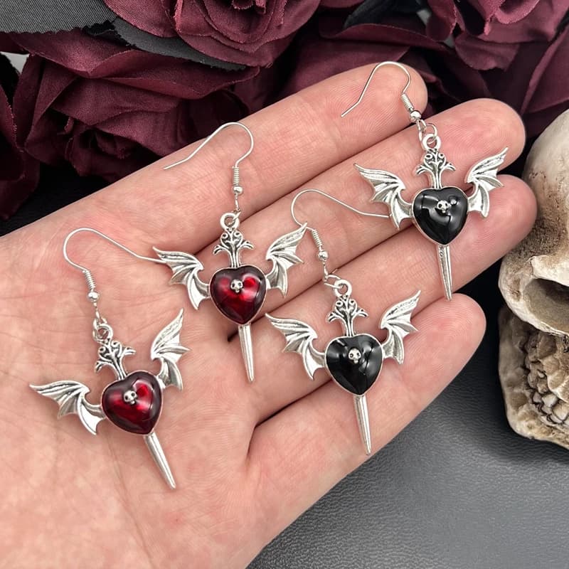 Goth Skull Heart Enamel Peach Heart Earrings Devil's Winged Dagger Heart Pendant Earrings Punk Emo Handmade Jewellery