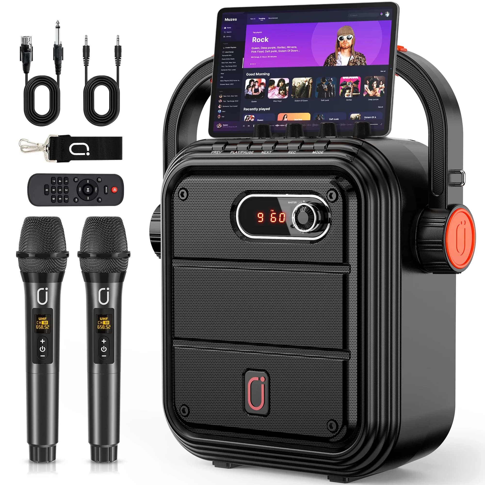 Macchina per karaoke con 2 microfoni wireless UHF, altoparlante Bluetooth portatile con tracolla, amplificatore di potenza subwoofer PA