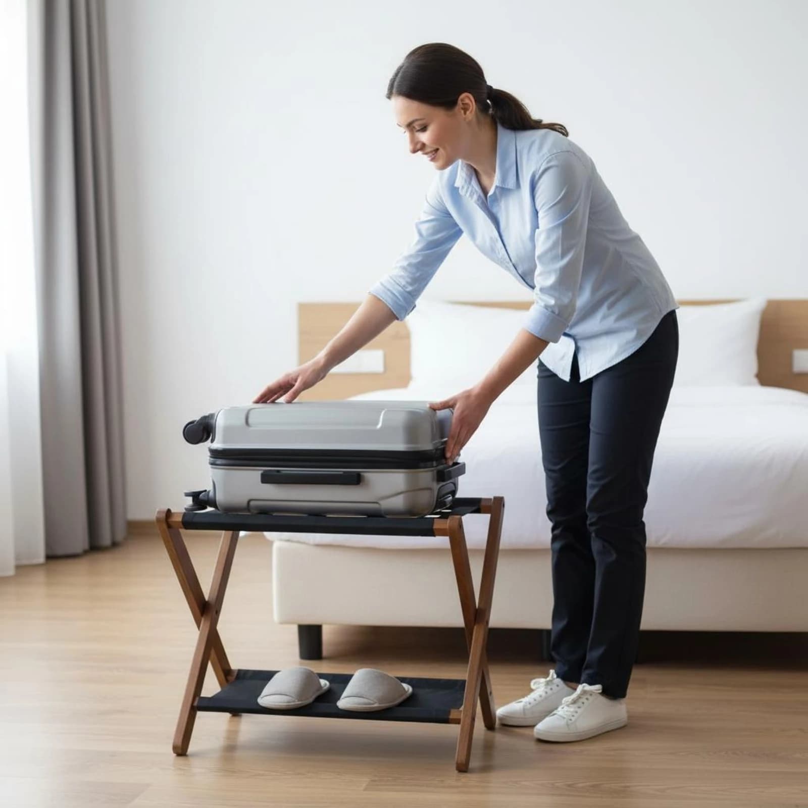 Wooden Luggage Rack Space Saving Folding Luggage Rack Suitcase Stand with Shelf Heavy-Duty Hotel Furniture No Assembly