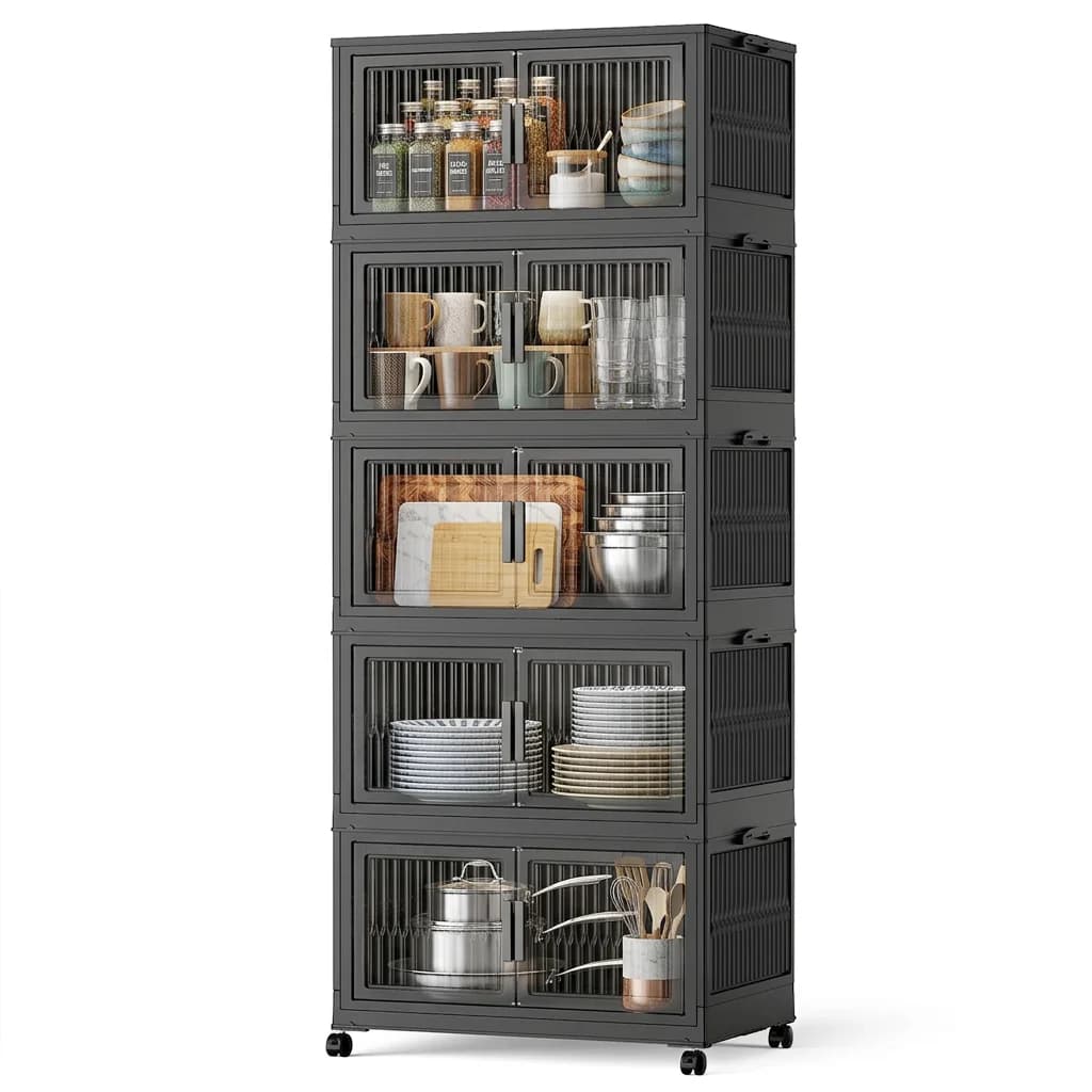 Stackable containers, folding organizers for cabinets and lockers, plastic storage boxes, ideal for bedrooms and dorms.