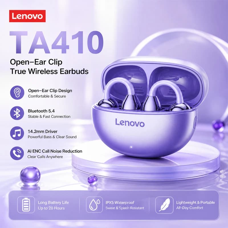 Auricolari Bluetooth wireless originali Lenovo Earclip Style, ENC, audio panoramico stereo Hi-Fi con microfono per sport/ciclismo
