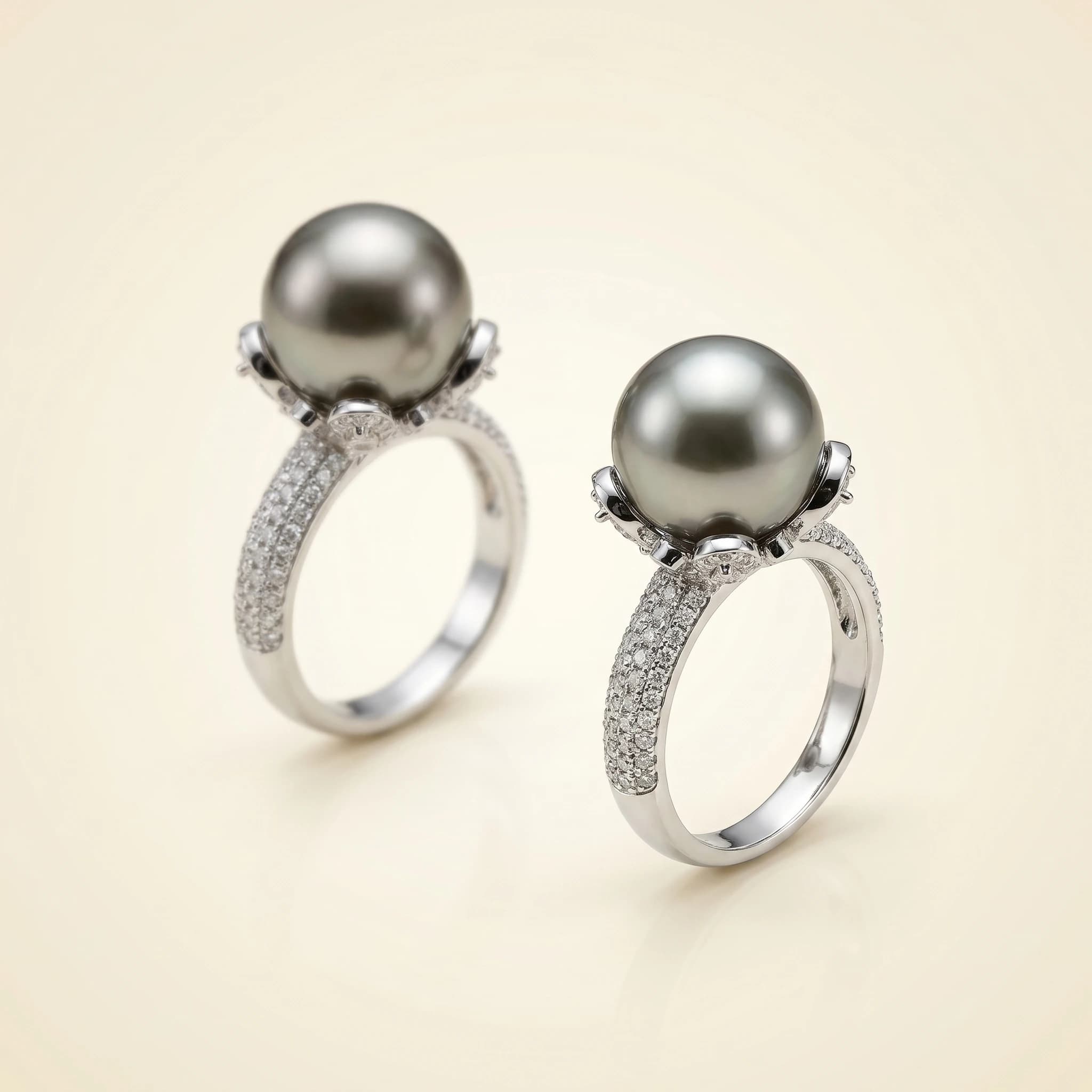 YLMyself 12mm simulated Pearl Ring Rhodium Plated Pave CZ Luxury Wedding Cocktail Jewelry For Women